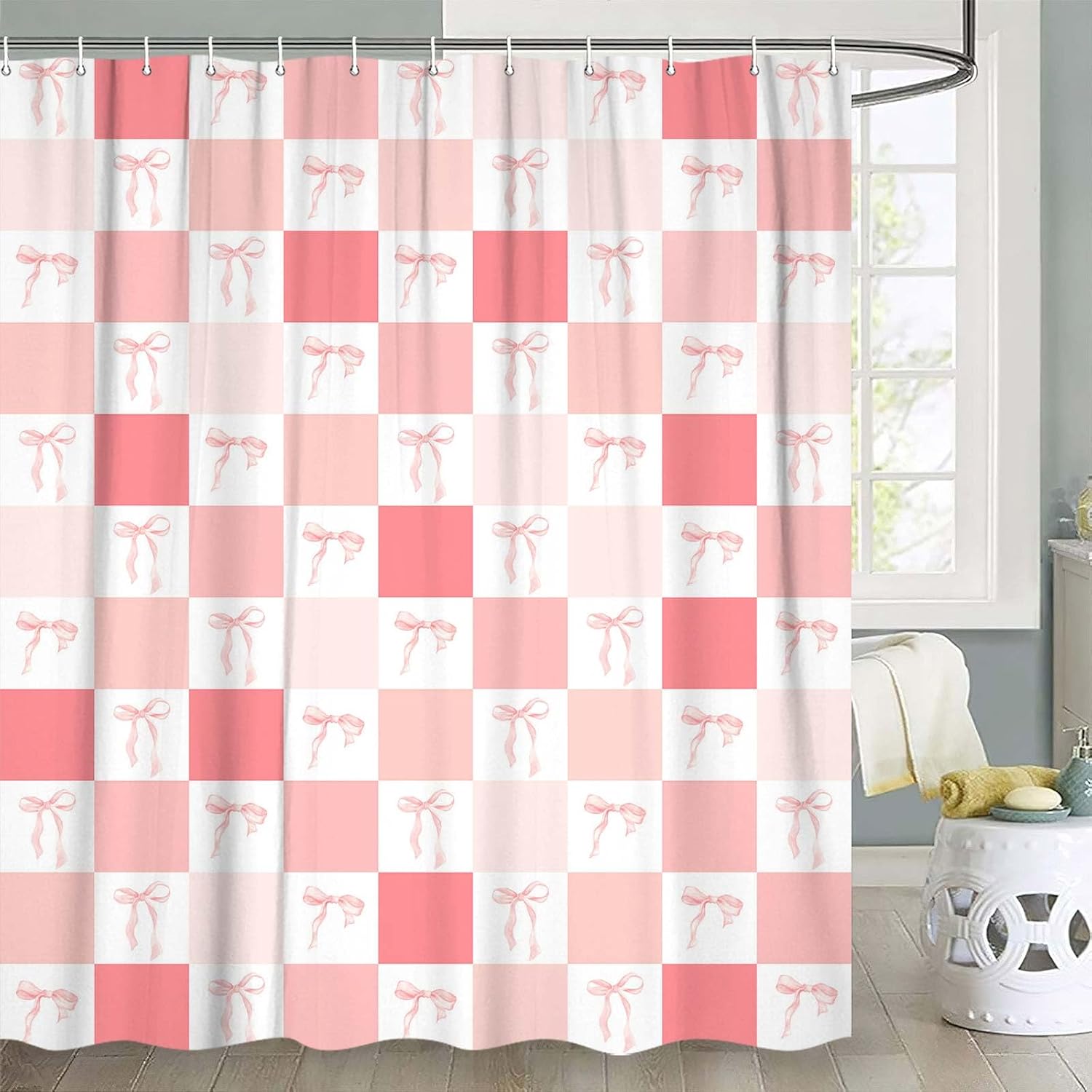 Light Pink Bowknot Shower Curtain, Cute Light Pink White Bow Geometric Checkered Plaid Aesthetic Aabstract Shower Curtain Set, Princess Style Theme Bathroom Accessories Shower Curtain, 70X70IN