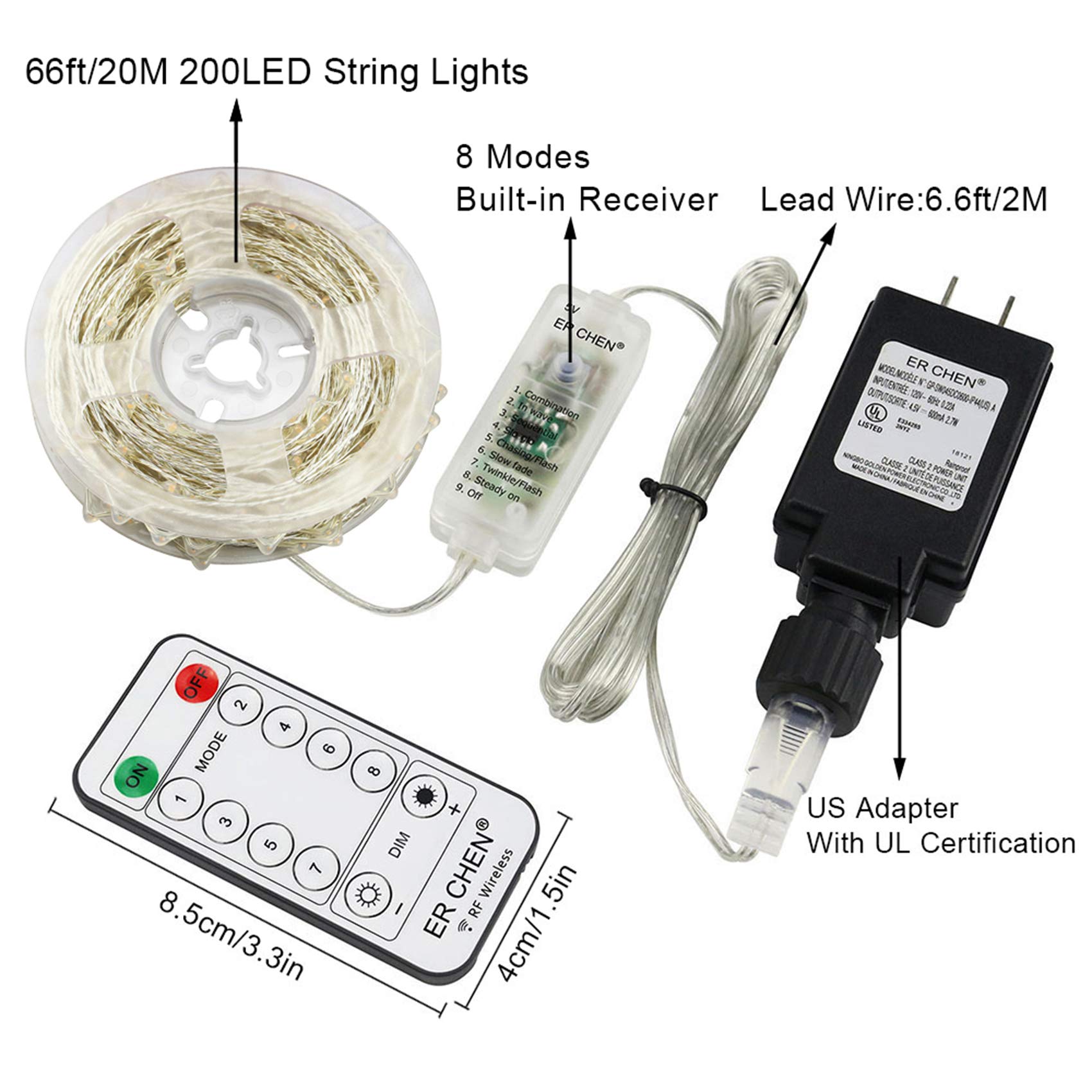 ER CHEN 165ft Led String Lights,500 Led Starry Lights on 50M Copper Wire String Lights + Power Adapter + Remote Control(Warm White) — view 2