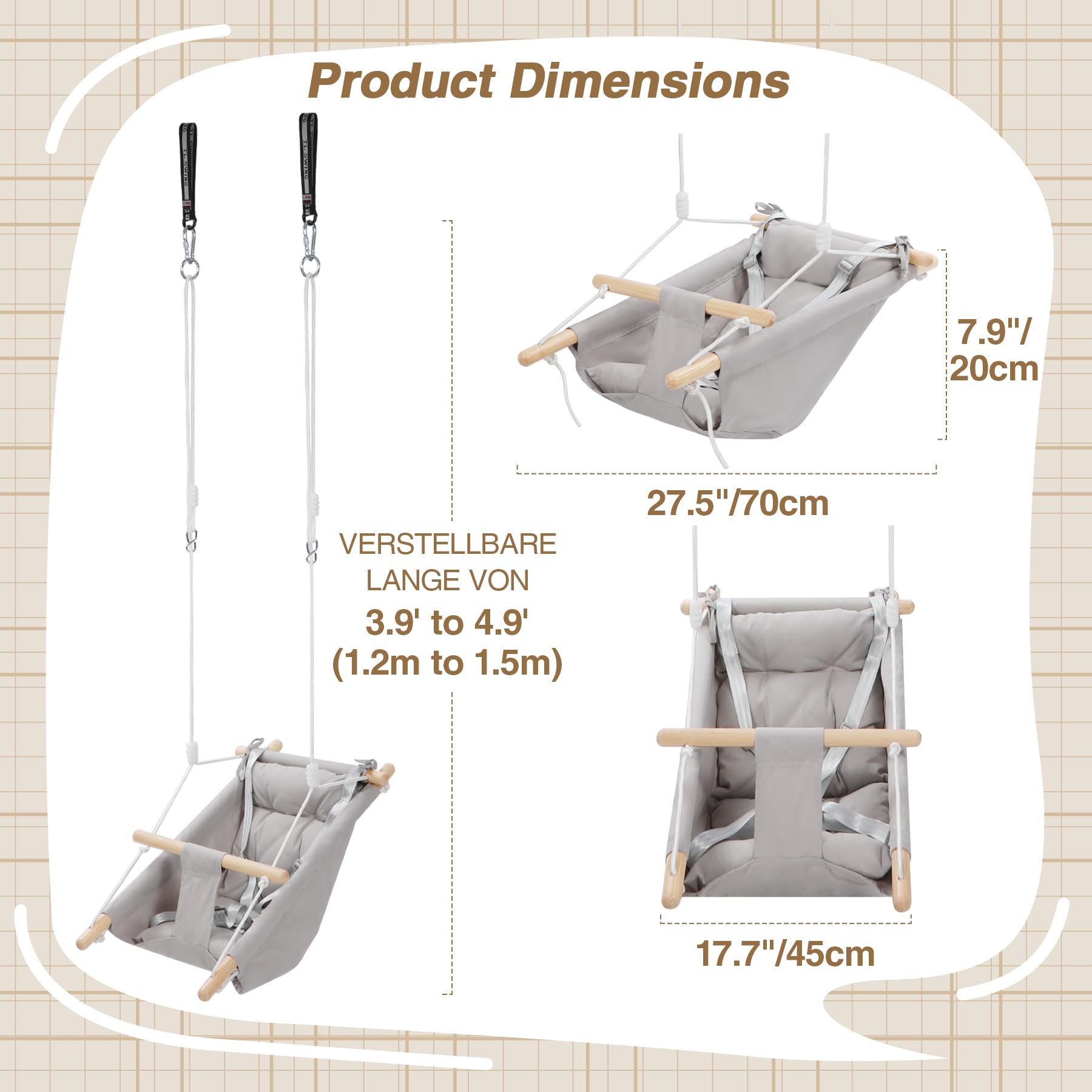REDCAMP Altalena 3 in 1 con cintura a 5 punti, cotone traspirante e legno, per interni ed esterni, fino a 50 kg, altalena per bambini a partire dai 6 mesi in su (grigio)