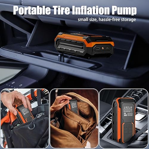 Miniatura 6 de Compresor de aire portátil para inflador de neumáticos, bomba de aire de doble potencia de 150 PSI con manómetro digital, luz LED y función de