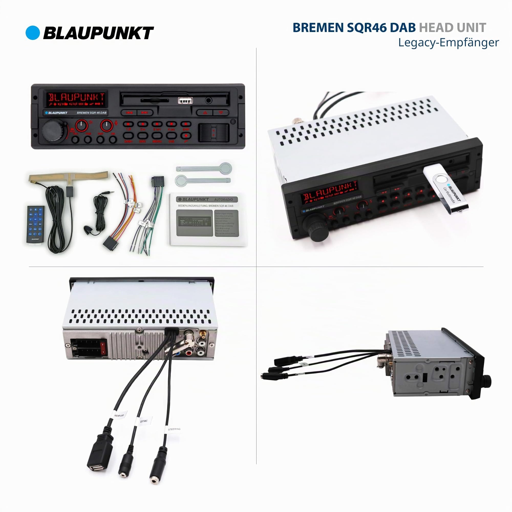 Blaupunkt Bremen SQR 46 DAB, 1-DIN Autoradio, Youngtimer-Design, DAB+, Bluetooth, Freisprecheinrichtung, USB, Aux-Eingang, SDHC, SD, Lenkradfernbedienung, Sub-Out, Variocolour, 4x50Watt, 12V