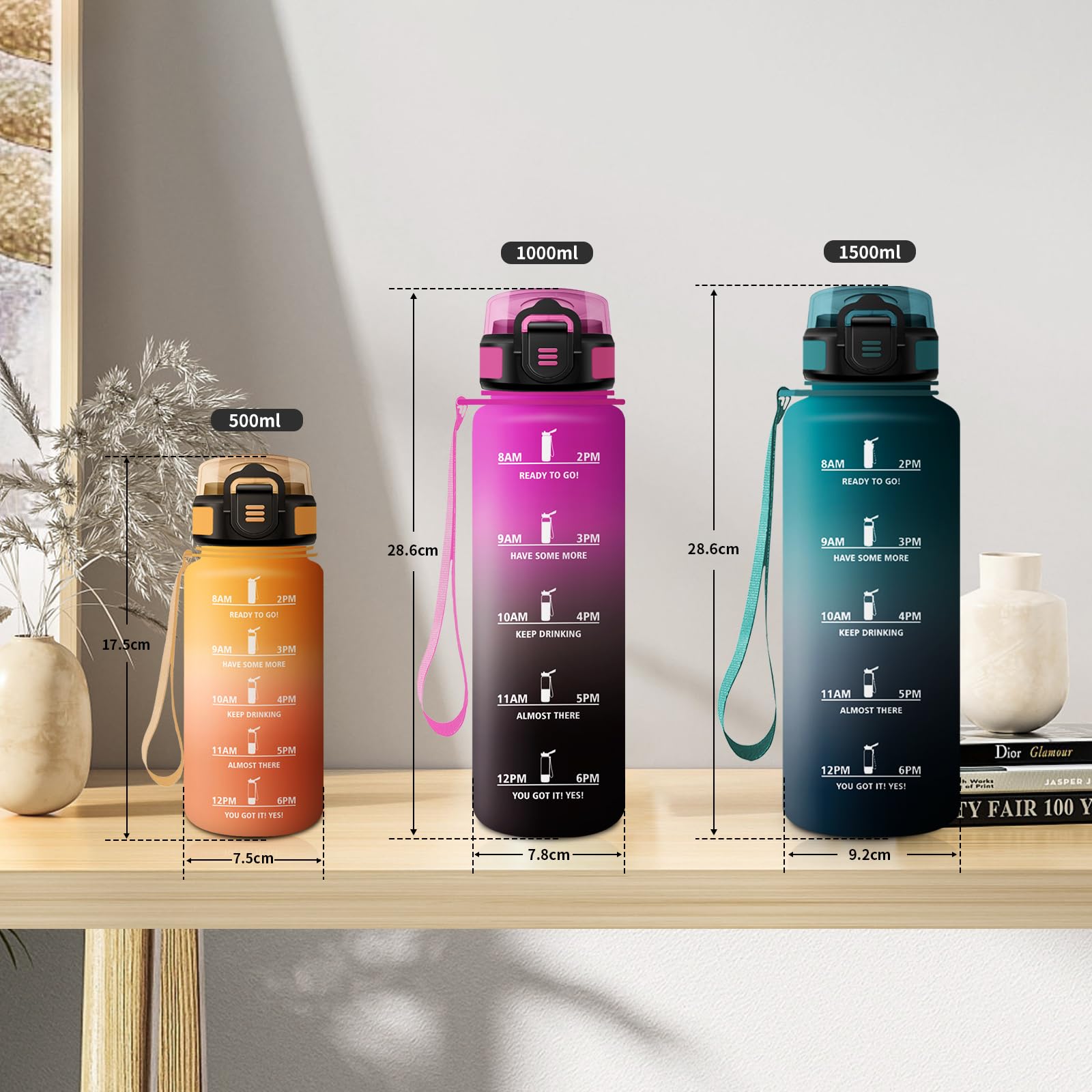 Borraccia Sportiva 1L, Bottiglia con Cannuccia, a Prova di Perdite, Facile Pulizia, Bottiglia Acqua Motivazionale con Indicatore del Tempo, per Campeggio, Ciclismo, Scuola, Ufficio, Lavoro, Gym