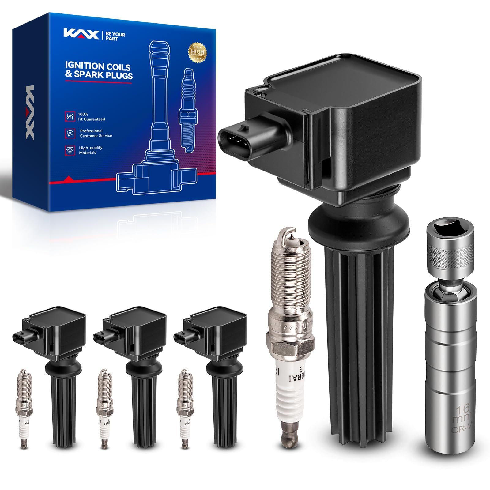 KAX 4 Ignition Coils &amp; 4 Spark Plugs Set for Focus, Escape, Edge, Fusion