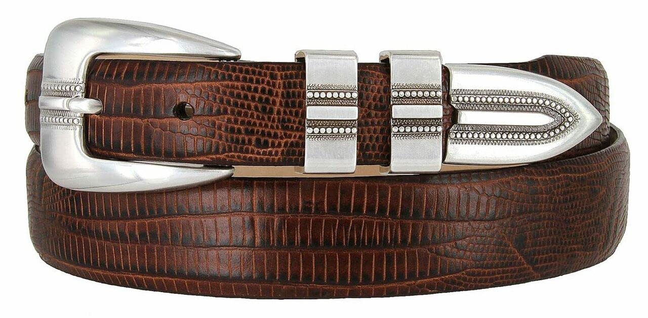 S5349 Vincente włoski pasek do sukienki z prawdziwej skóry cielęcej 1-1/8 cala (30 mm) zwęża się do szerokości 25 mm, opcje wielu stylów, Styl B - srebrno-jaszczurka brązowa, 32