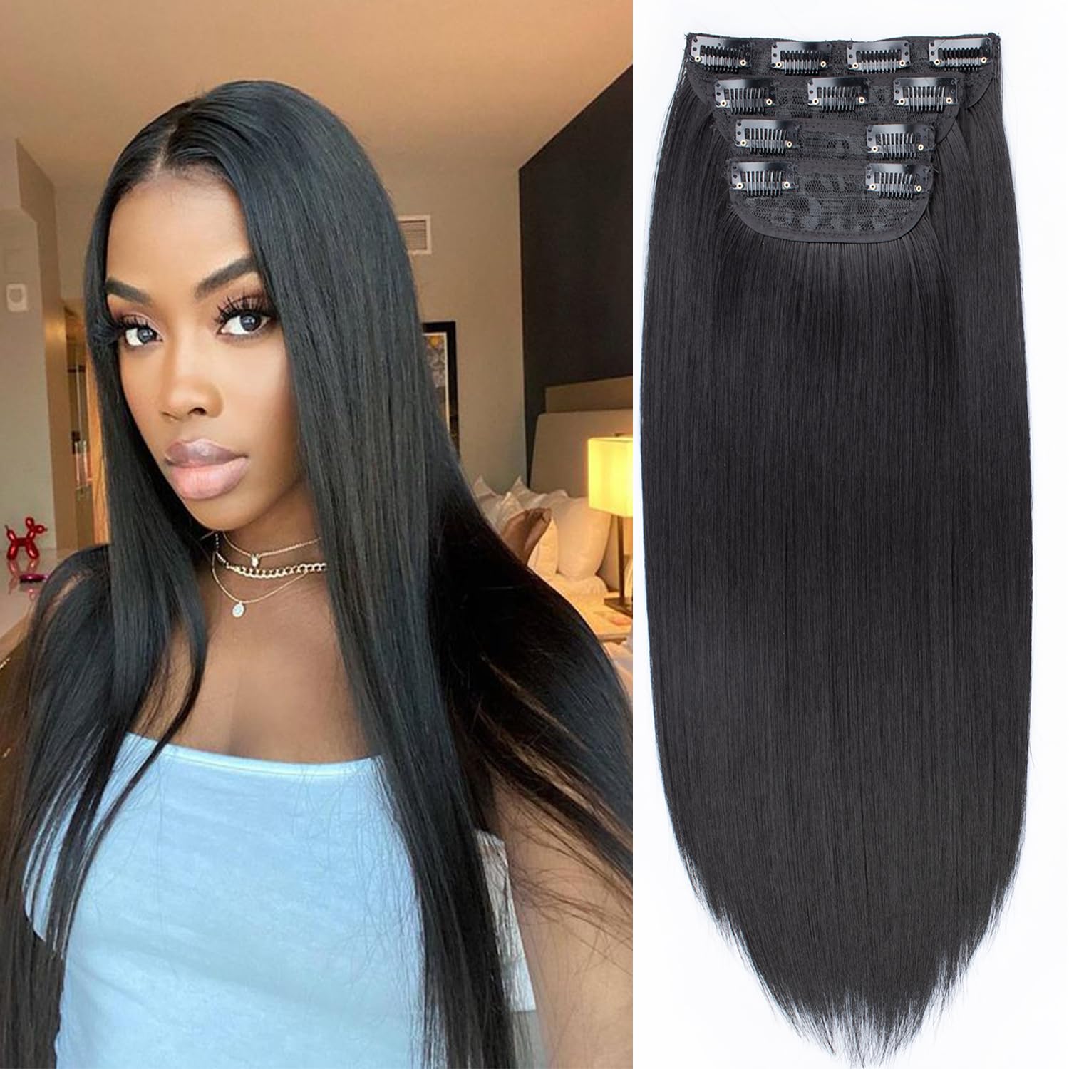 Mscat 20 Inch Black Clip in Hair Extensions Synthetic Thick Hair pieces for Women Girls 4PCS Full Head Set Curly Synthetic Hair Extensions(1B#)