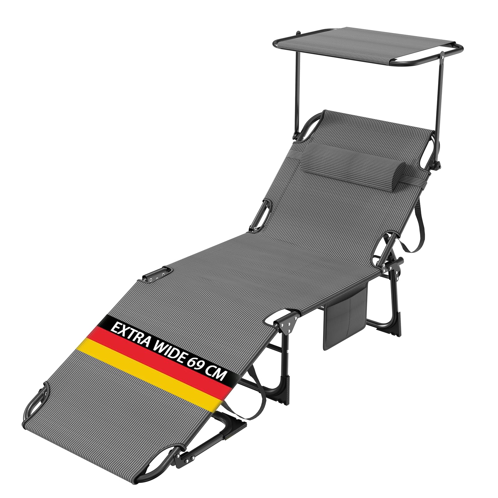 Sonnenliege mit Dach & Kopfkissen, Liegestuhl leicht-Extra Breit-mit Verstellbarer Rückenlehne & Seitentasche, Gartenliege, Strandliege Tragbar für Strand-Pool-Garten, Hochwertige Stoffe, Tiefer Wald