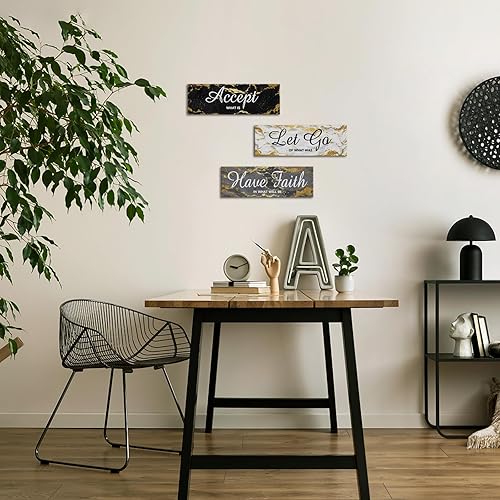 Miniatura 3 de iKNOW FOTO 3 piezas de arte de pared negro gris y dorado Accept Let Go Have Faith para dormitorio, decoración de pared de mármol rústico, citas