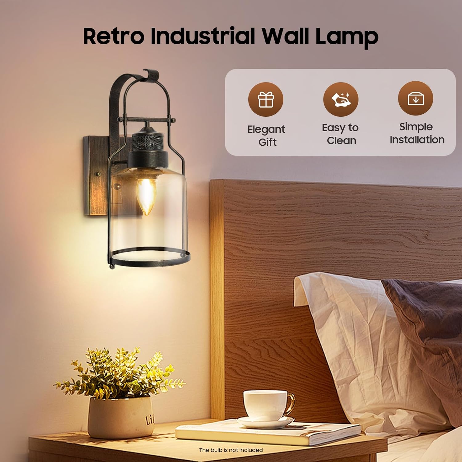 Rustic Lantern Wall Sconce, Lantern Antique Light, Retro Industrial Wall Mounted Light 110V Glass Shade Farmhouse Metal Sconces Wall Lights for Bedroom Living Room Cafe