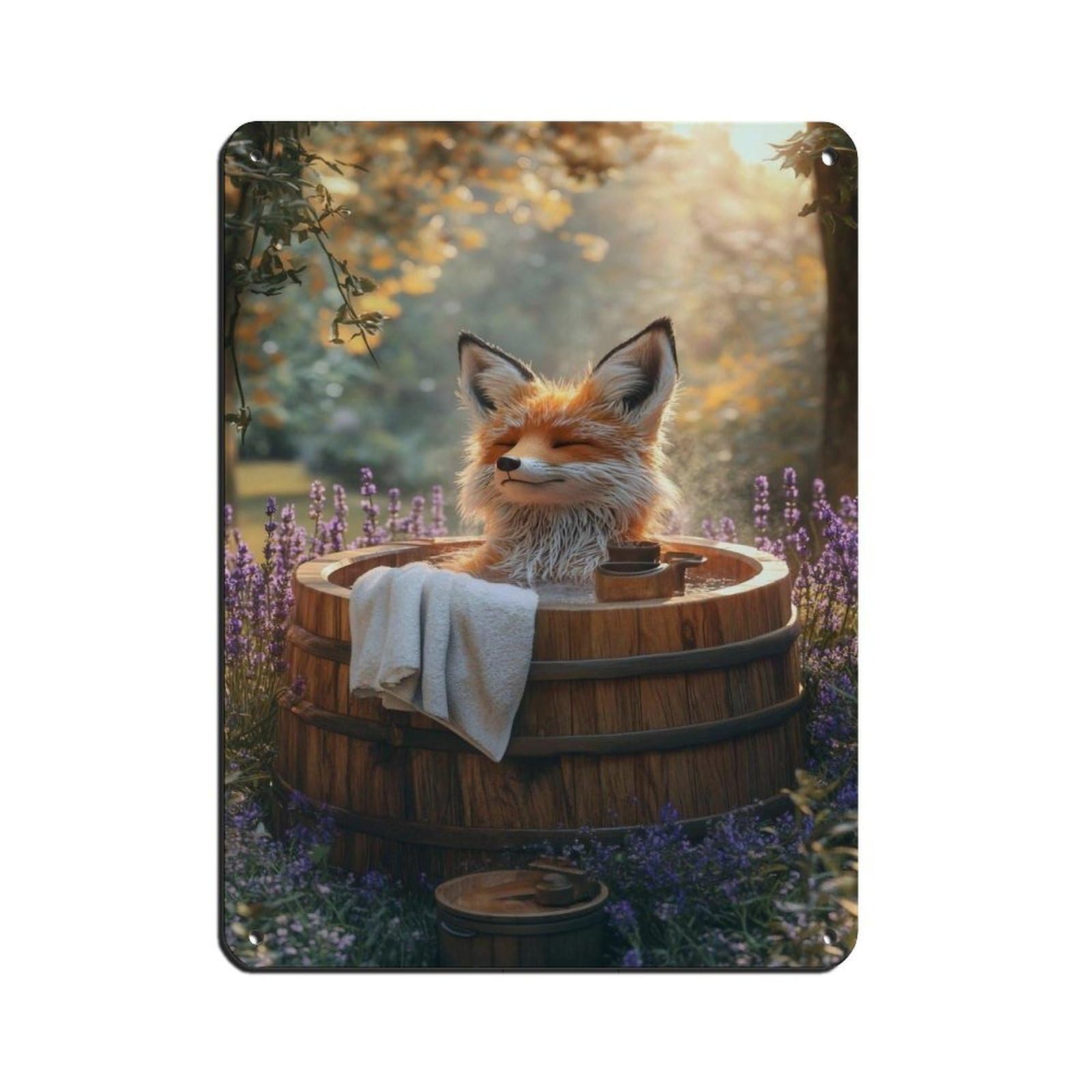 Lxwnze 30L X 40W Cm Relaxing Fox In Wooden Tub Poster Tin Sign Vintage Metal Pub Club Cafe Bar Home Wall Art Decoration Poster Retro 12X16inch(30X40cm)