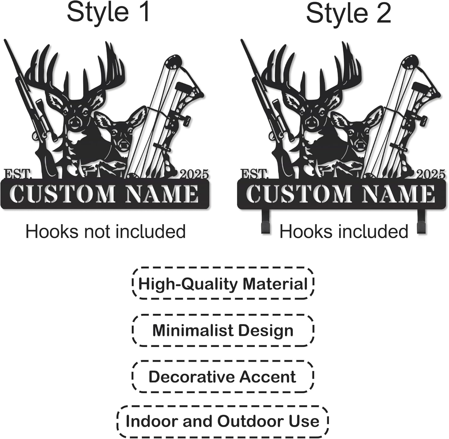 Personalized Deer Hunter Metal Wall Mount & Bow Rack, Custom Deer Hunting Gifts,Outdoor Hunting Decor, Cabin Wall Art, Hunting Room Decor, Lodge Wall Decor, Deer Hunting Accessories with Bow and Rifle Design