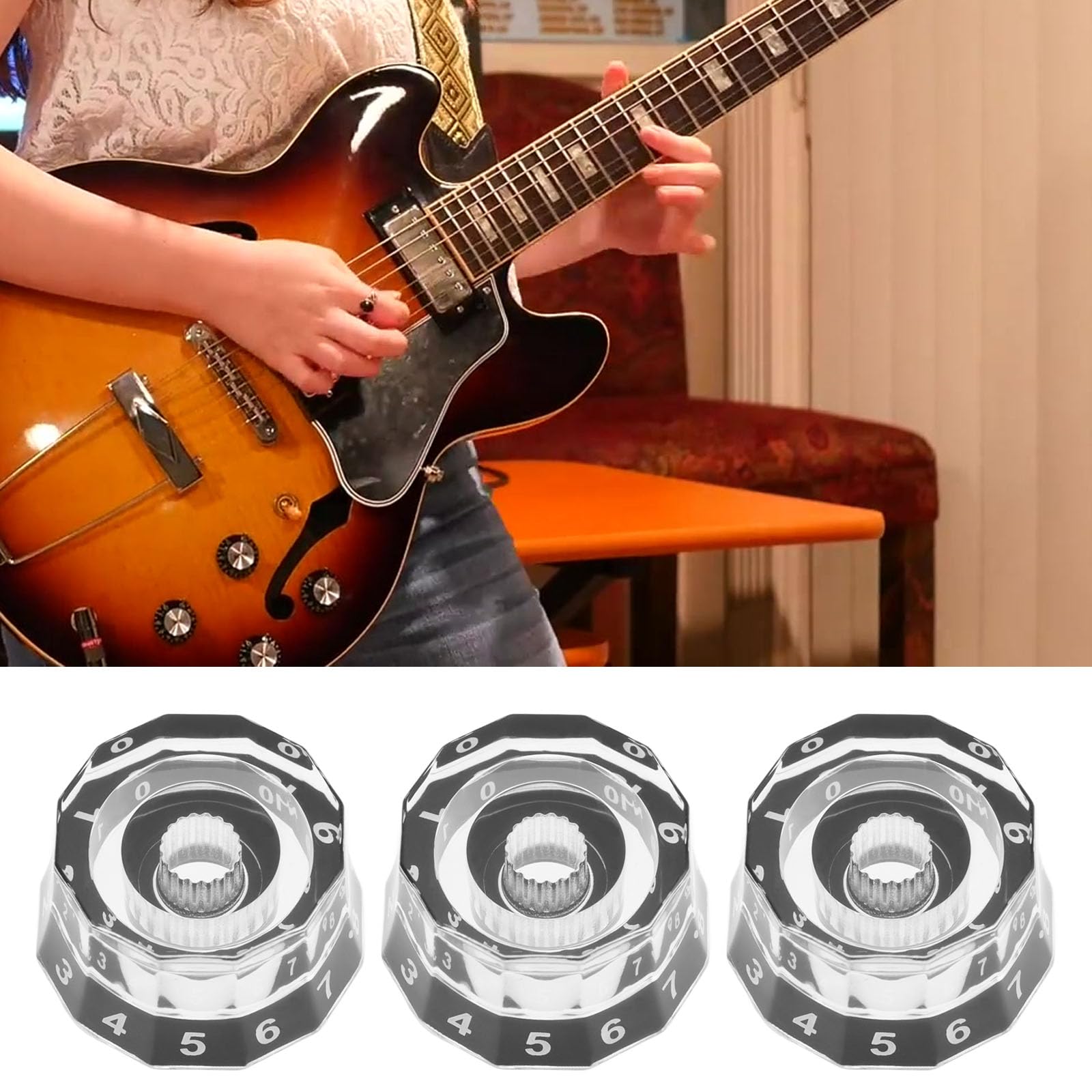 Be In Your Mind 4PCS Transparent Electric Guitar Control Knobs 18-Spline Bell Top Hat Knobs 25.8x21x13.3mm Shaft Diameter 6mm Dodecagonal Guitar Volume Knob