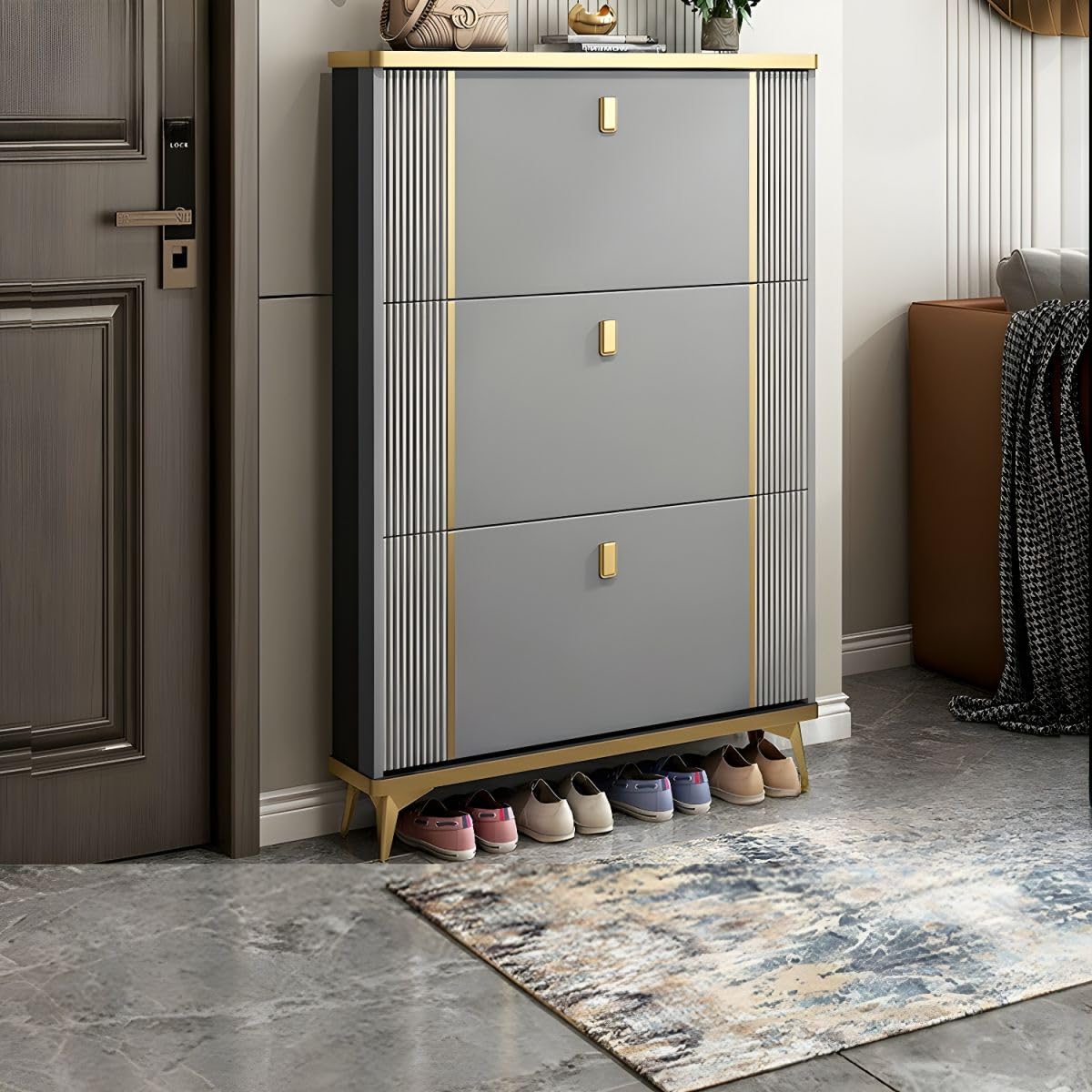 Mescxty Grey Shoe Cabinet With 3 Flip Drawers&1-Tier Inside, Wall Mounted Narrow Storage Cabinet, Wood Tipping Bucket Rack For Entryway Hallway Bedroom(, 23.5" L X 6.5" W 47" H)