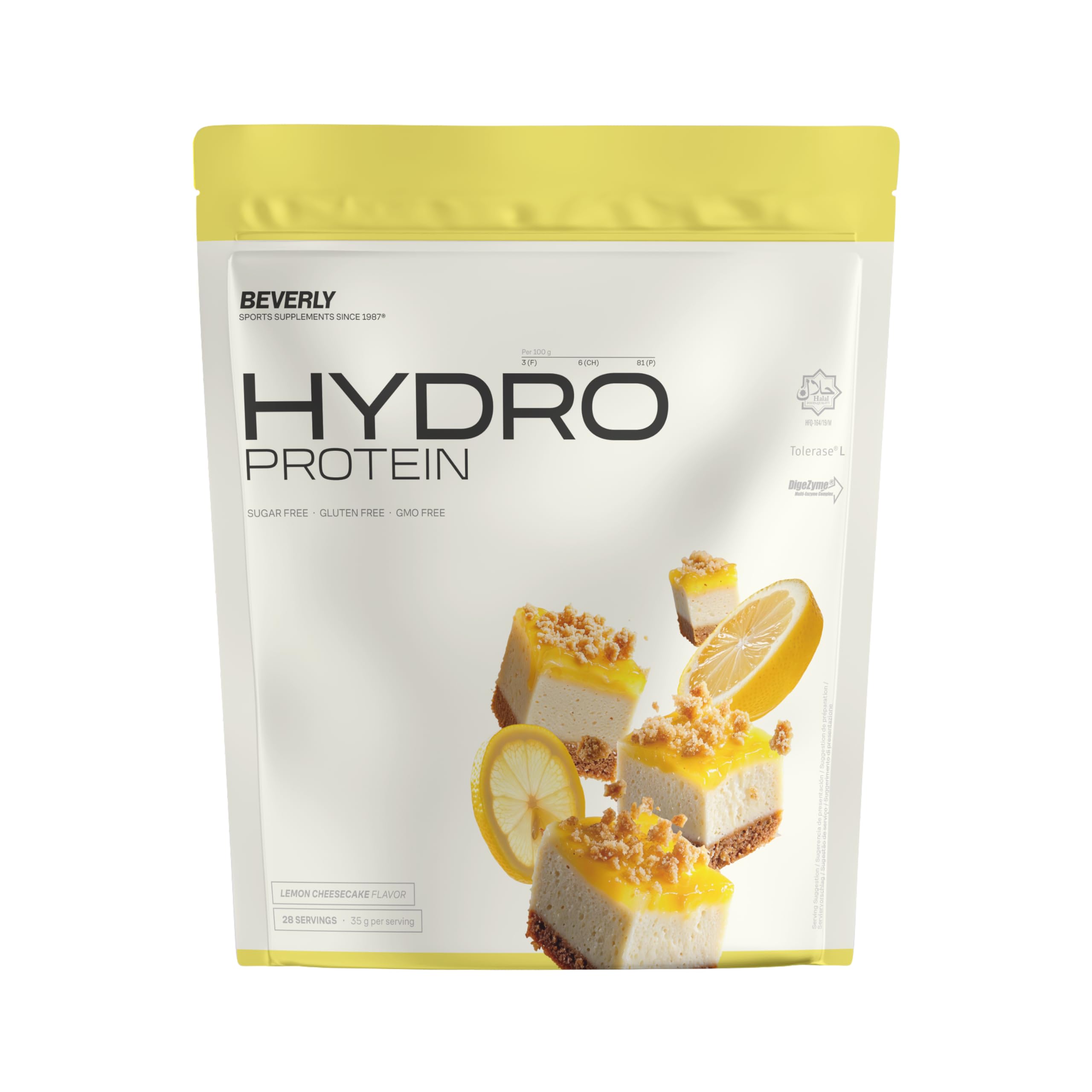 Beverly HYDRO PROTEIN - Proteína Hidrolizada de Suero con Digezyme y Tolerase - 1 Kg - 29 g de proteína por ración - 28 servicios - Excelente digestibilidad - Sabor Tarta de queso limón