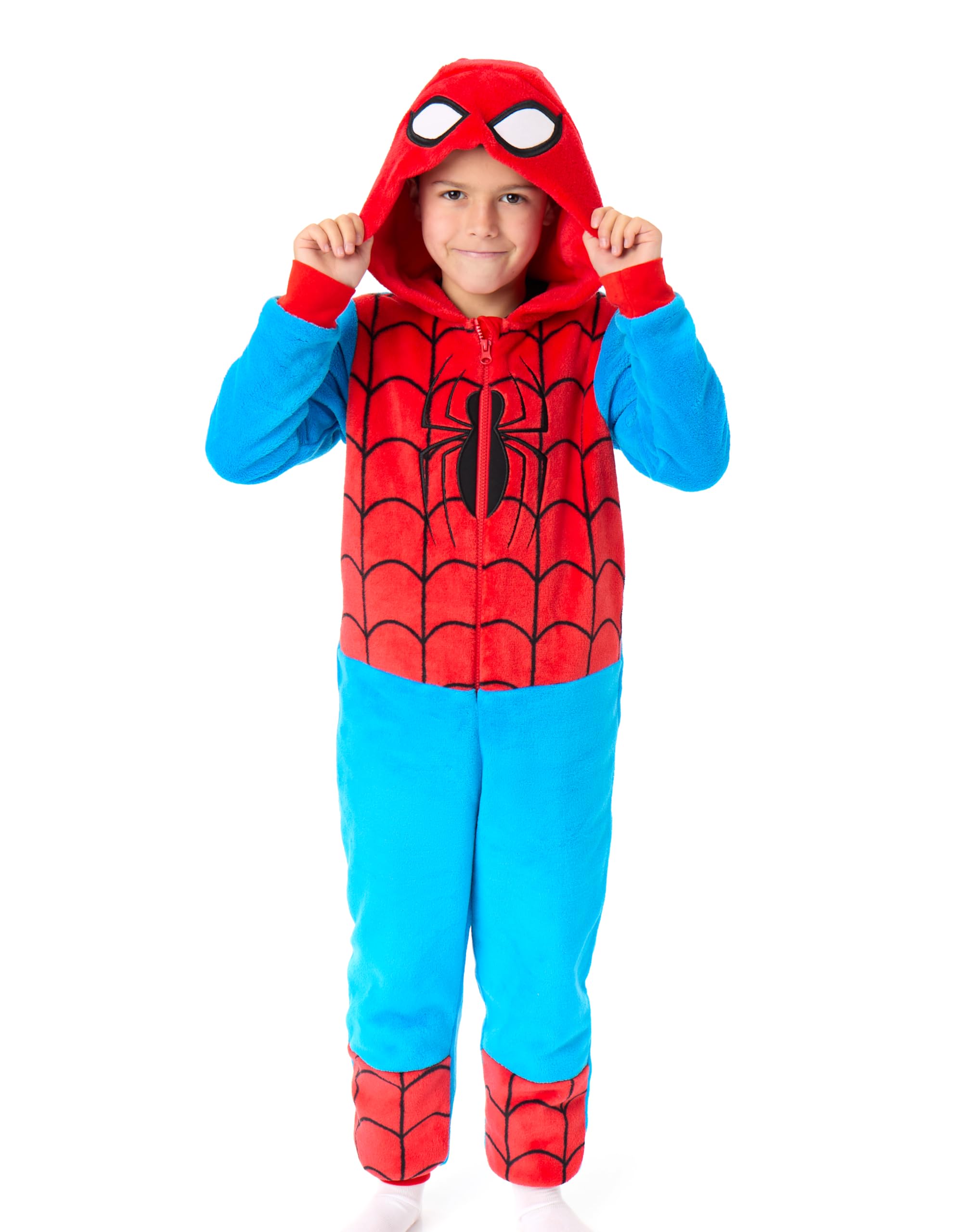 Marvel Spiderman Kids Onesie | Childrens Spiderman Character Graphic Print Hooded Sleepsuit in Blue | Childrens Superhero Suit Pajama Nightwear for Boys & Girls | Marvel Comics Movie Merchandise Gift