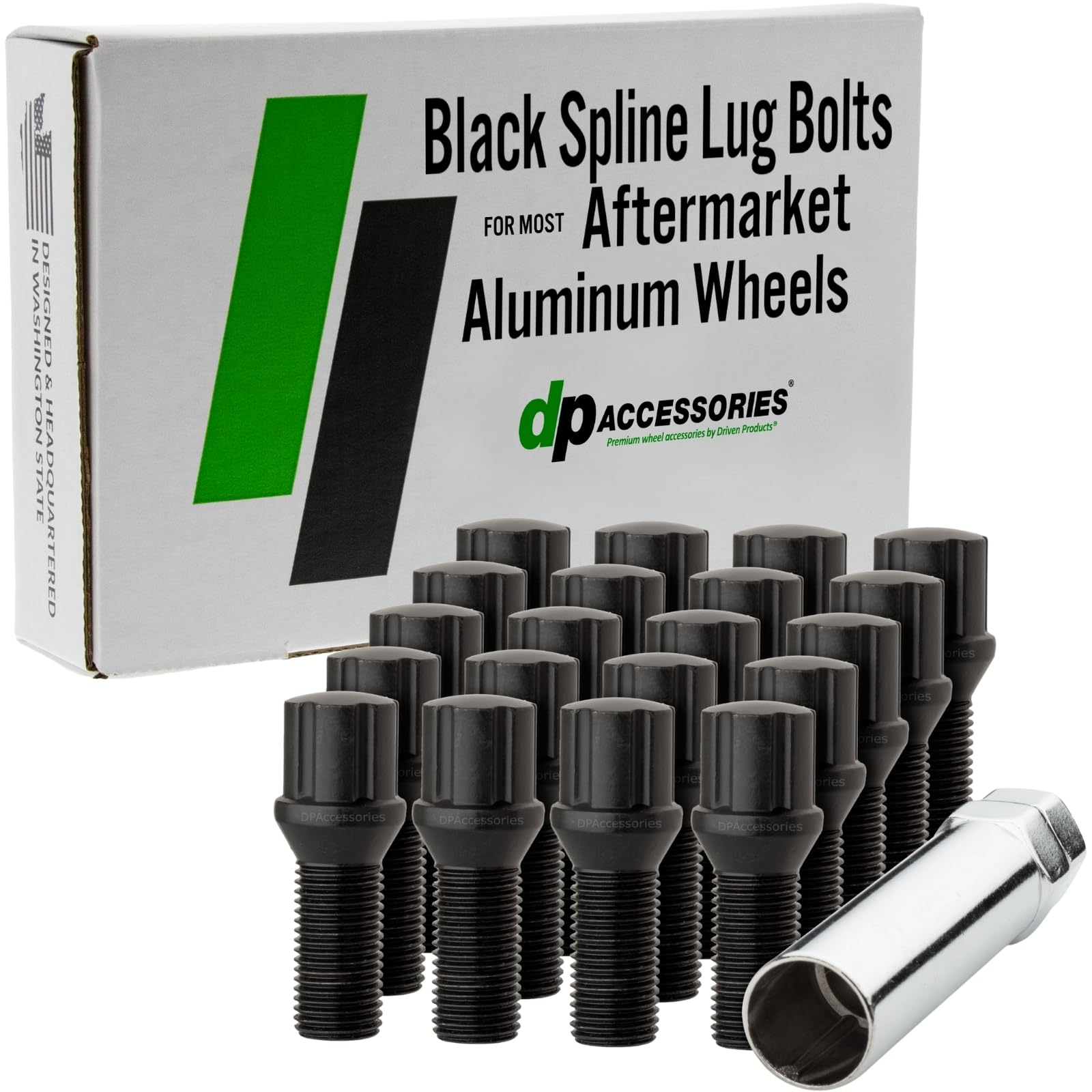 DPAccessories BS27K5HE-BK04020 20 Black 14x1.5B Spline Tuner Lug Bolts for Aftermarket Wheels - 27mm Shank Wheel Lug Bolt