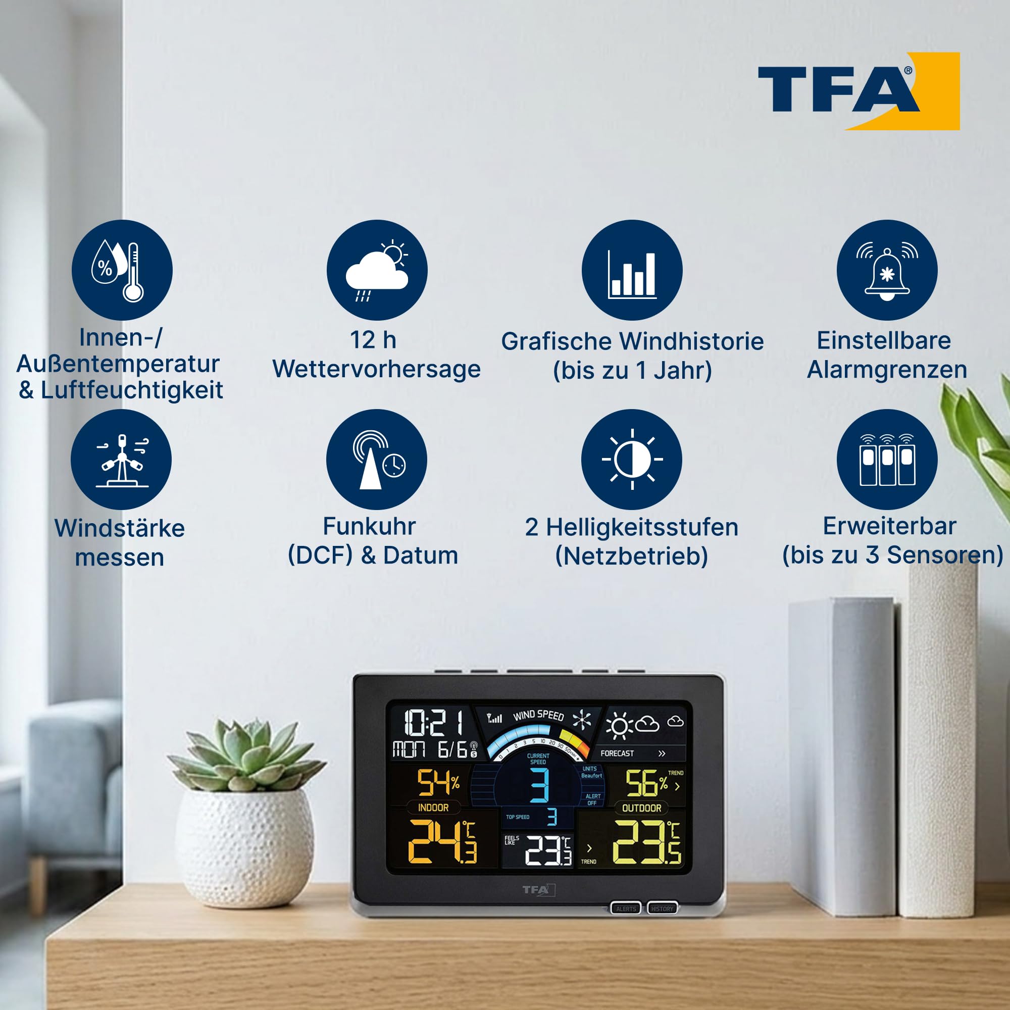 TFA Dostmann Spring Breeze Funk-Wetterstation, 35.1140.01, inkl Windmesser, mit Farbdisplay, Wettervorhersage mit Alarmgrenzen/Symbolen, inkl Funkuhr, Historie, Windgeschwindigkeit, Taupunkt, schwarz