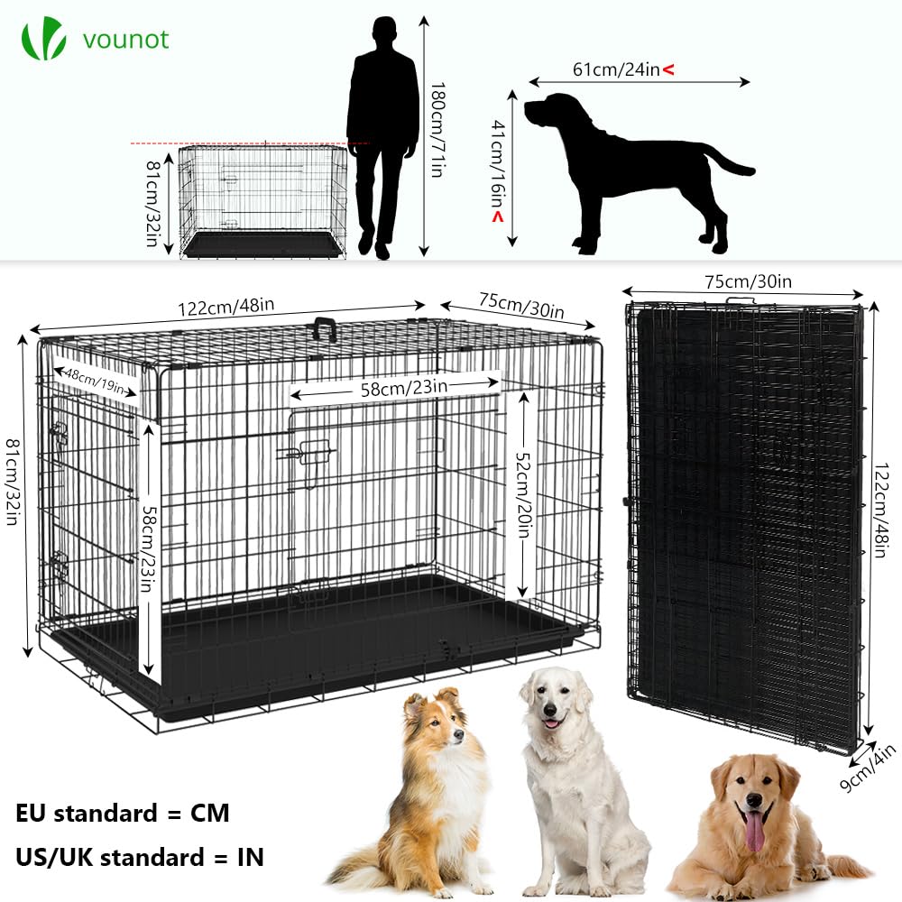 VOUNOT® Jaula para Perros de Alambre Metálico de 2 Puertas, Caja para Perros Perrera Plegable con Bandeja de Plástico Extraíble y Asa de Transporte, 122x75x81cm, Negro
