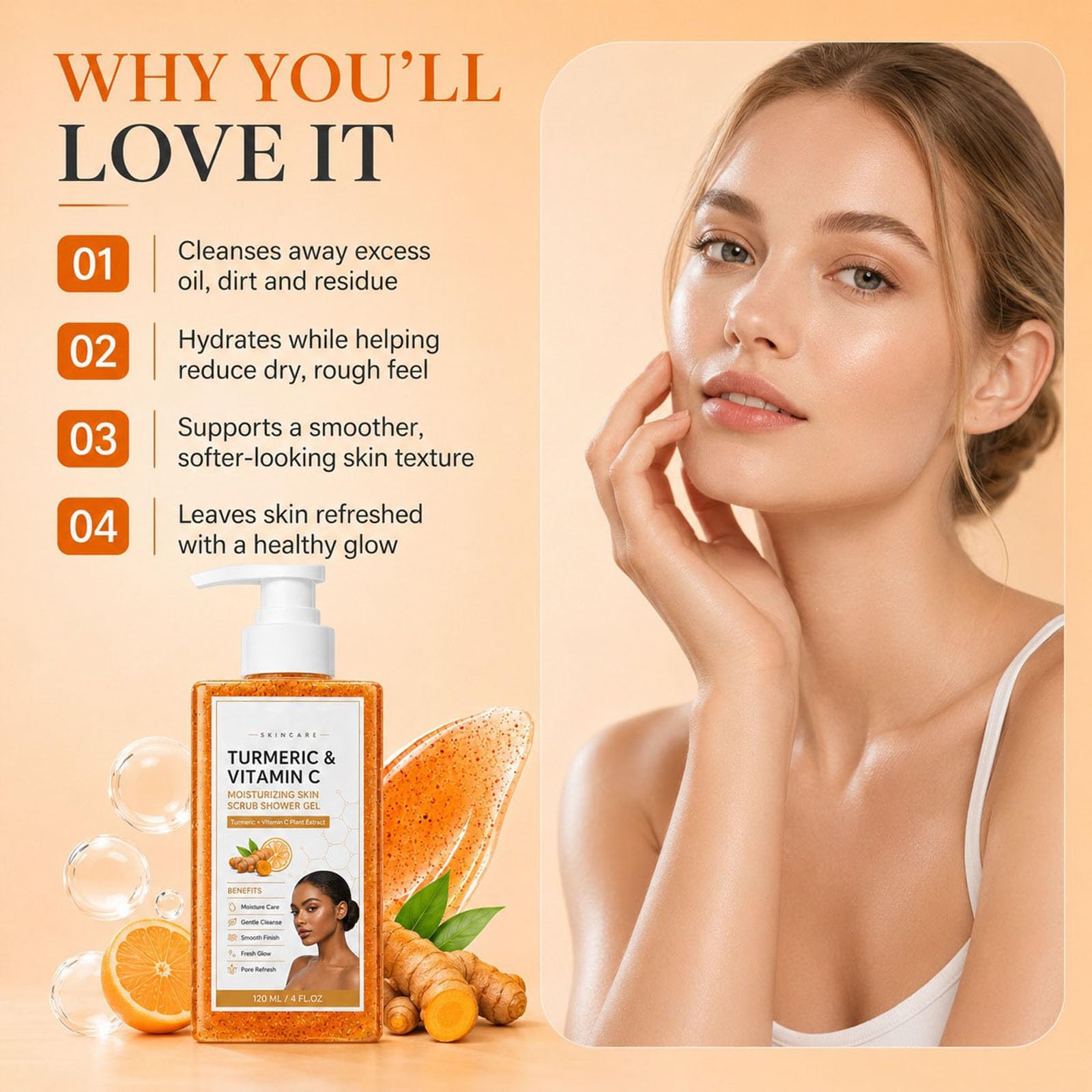 Turmeric Vitamin C Hydrating Body Wash, Kurkuma Duschgel, Strahlendem Teint, duschgel langanhaltender duft - Sanftes Körperpeeling gegen Trockenheit - 120 ml (3 PCS)