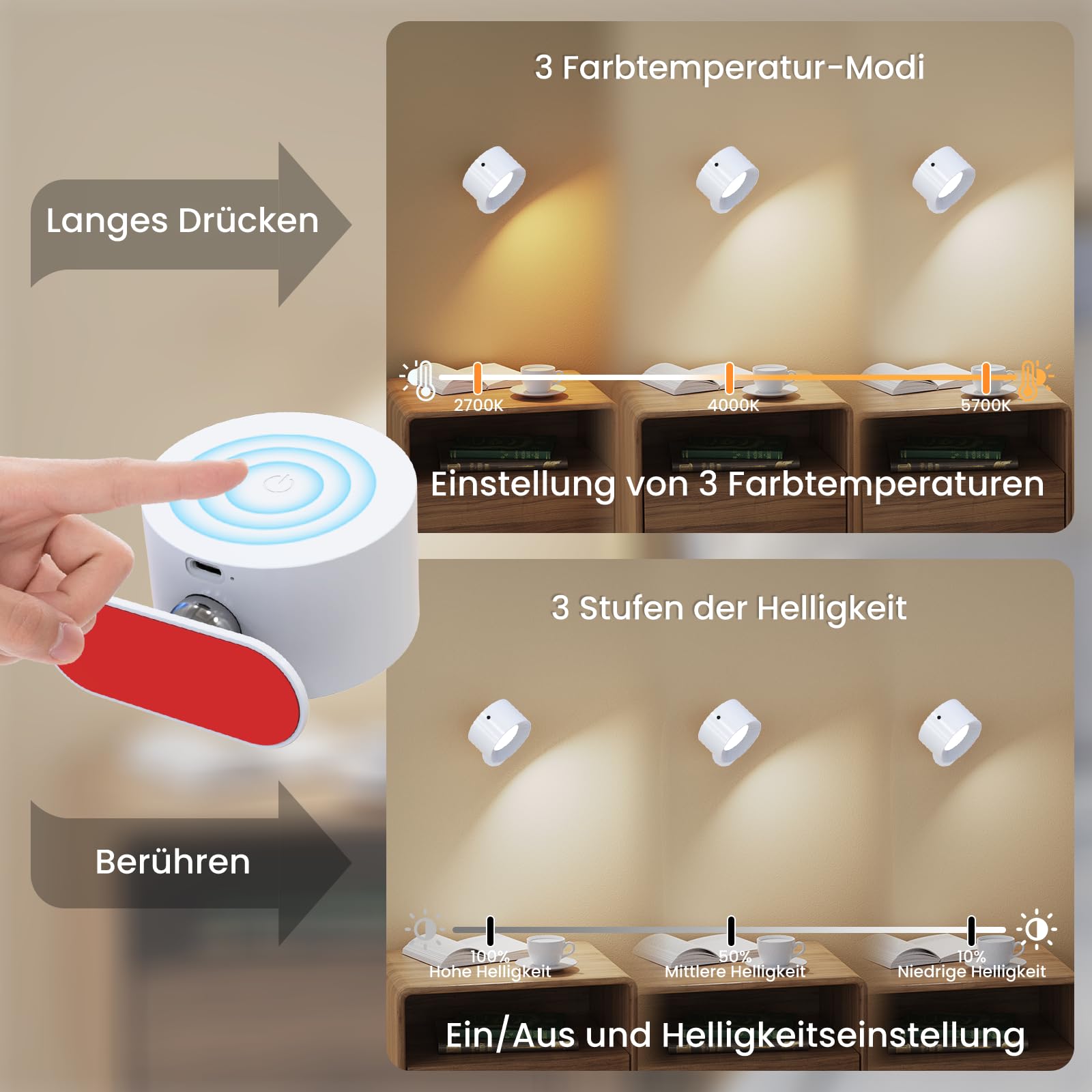Lámpara de pared con mando a distancia, regulable, con batería con puerto de carga USB, para salón, dormitorio, color blanco, 3 unidades