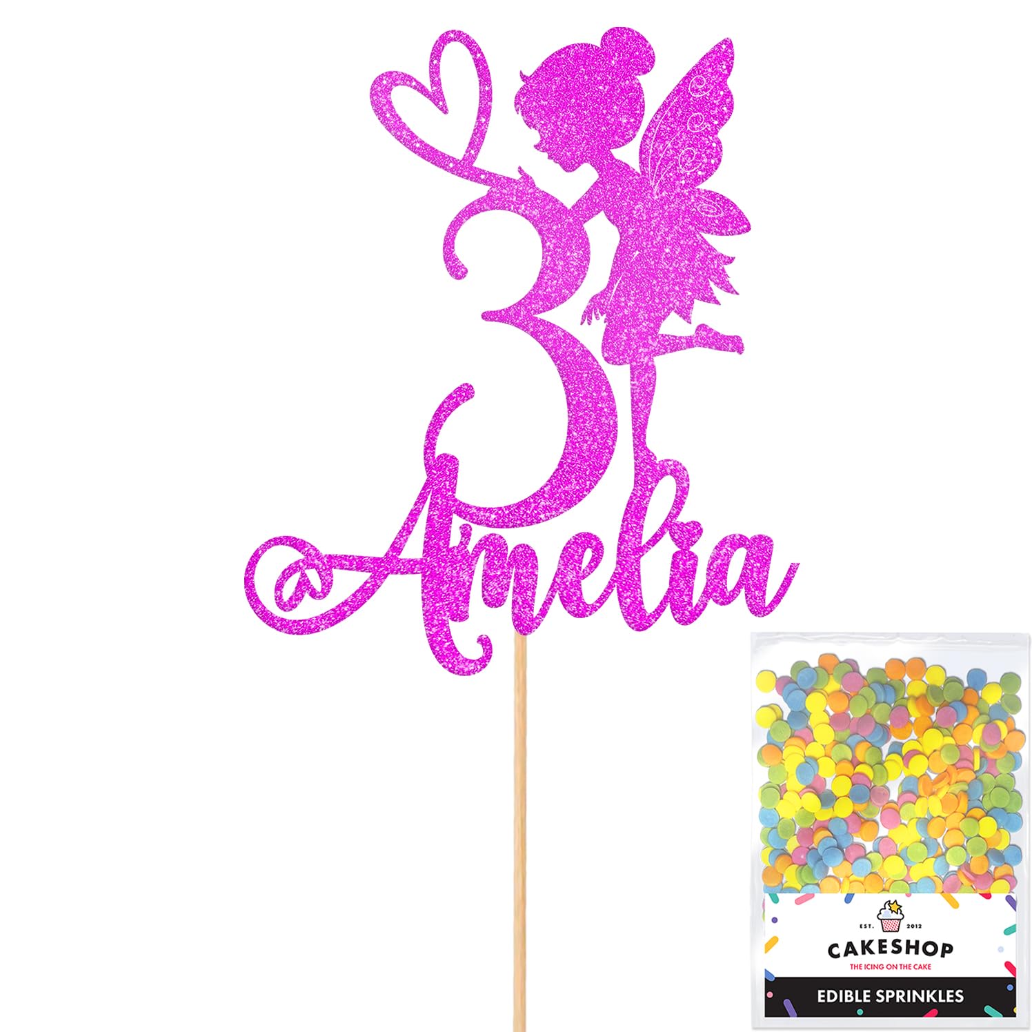 Personalised Fairy Gltter Cake Topper- Pink Any Custom Name & Age Glitter Cake Decoration and Sprinkles - Happy Birthday Decorations - Personalised Toppers for Cakes by Cakeshop — image 1