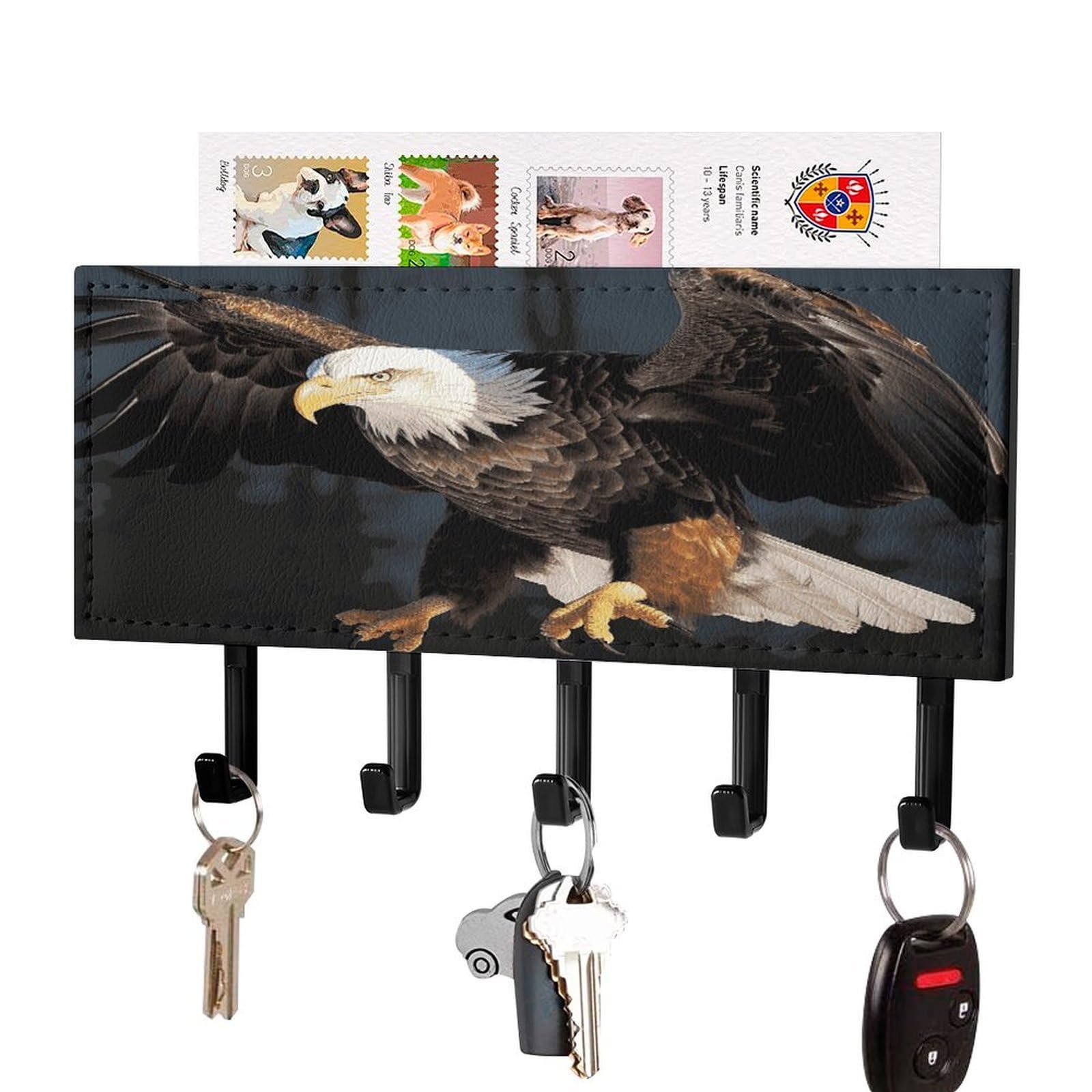 Vstadank Black-Style 3D Bald Eagle Key Holder For Wall Mount With 5 Hooks Decorative Key And Mail Holder Farmhouse Wall Hooks With Shelf Pu Leather Key Rack With Mail Holders For Entryway Home