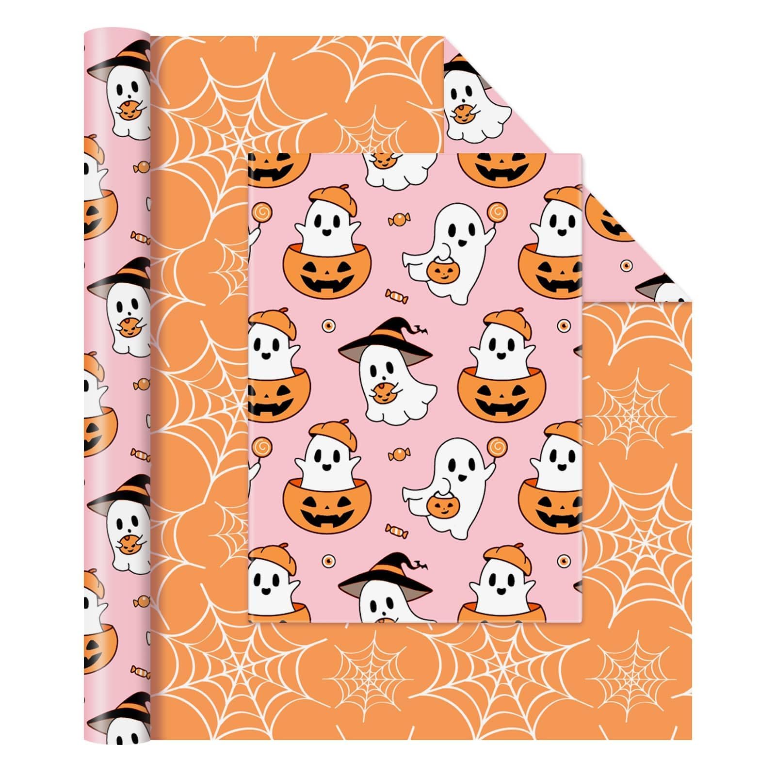 WERNNSAI Halloween Wrapping Paper - 1 Roll 43cm X 10m Halloween Ghost Wrapping Paper for Adult Kids Pink Ghost Pumpkin Gift Wrap for Birthday Holiday Packing Decorations Cute Ghost Reversible Design