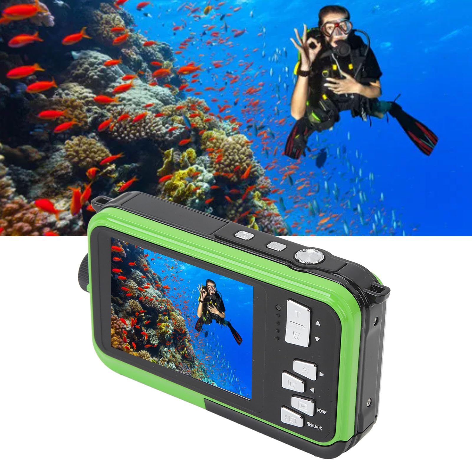 Appareil Photo Numérique Étanche Jectse, HD 48MP 2,7K 16X Zoom Numérique 10 Pieds Caméra Sous-Marine avec Selfie HD Double Écran, Appareil Photo Portable Vert USB Étanche