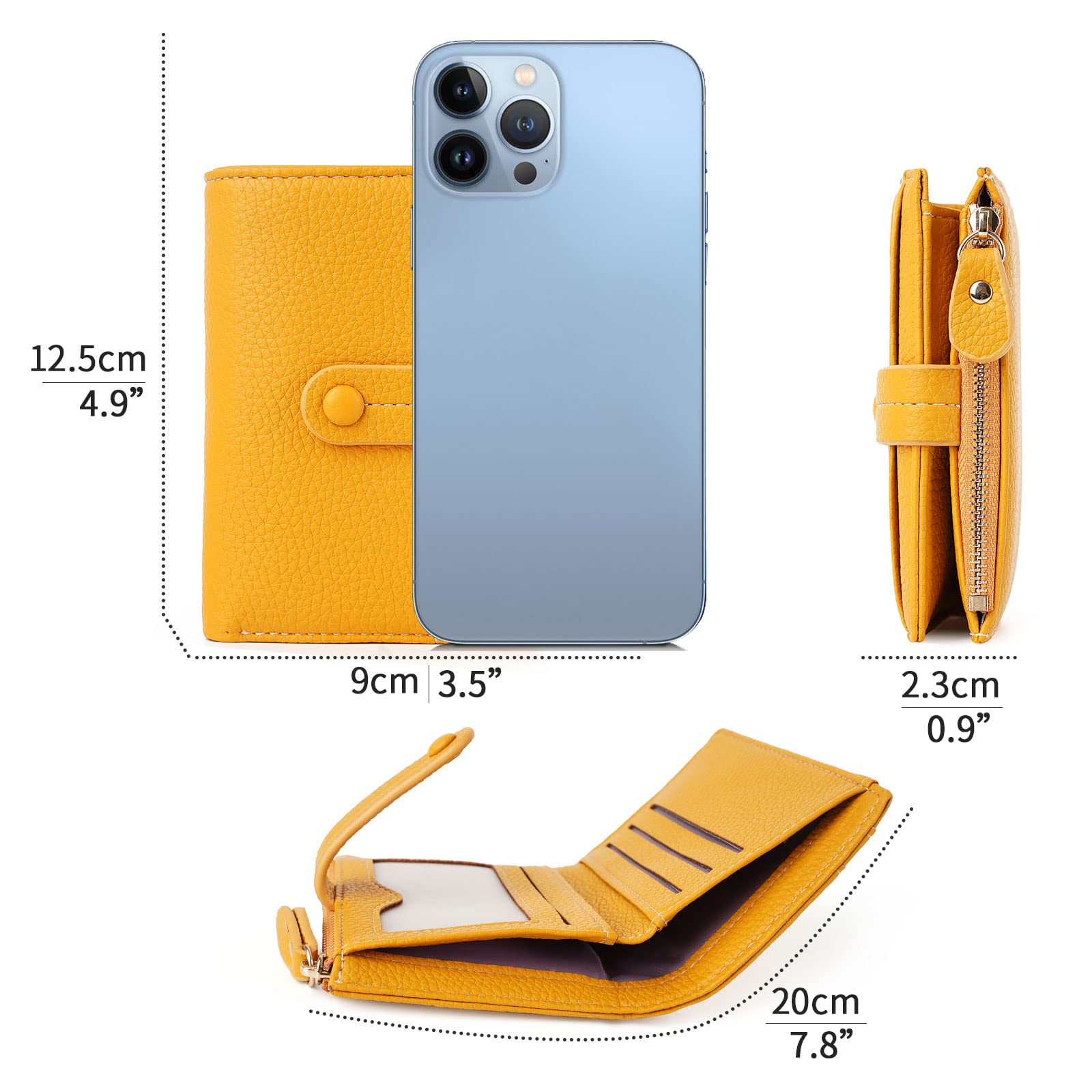 HKCLUF Portafoglio Donna Pelle Piccolo Blocco RFID Portamonete Cerniera Porta Carte di Credito Tanti Scomparti(A02-Giallo)