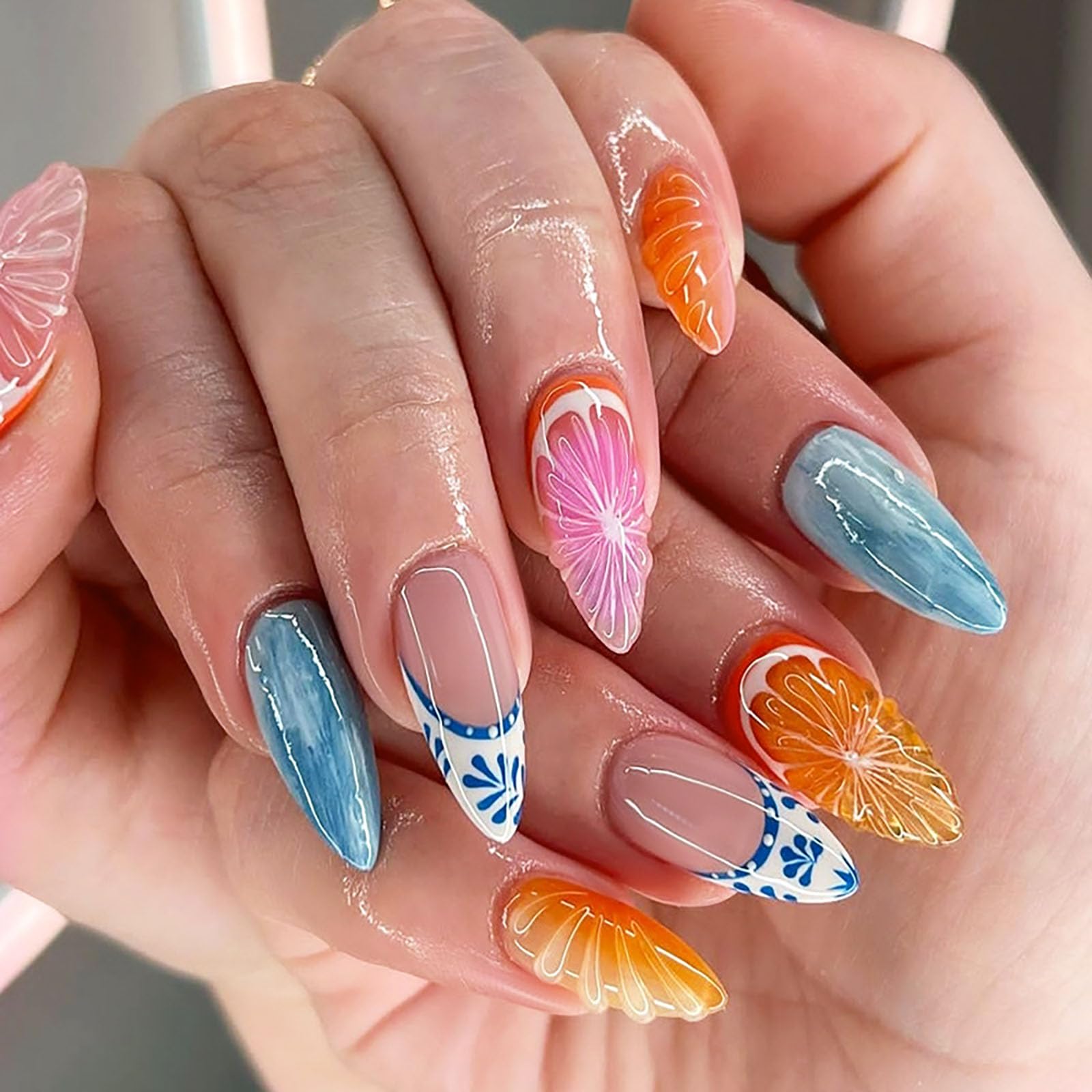 Photo 1 of **3 PACKS OF SUMMER NAILS, SEE PHOTO**Summer Press on Nails Almond Medium Nails Press ons with Fruit Designs Blue Fake Nails Glossy Glue on Nails French Tip Flase Nails Nude Acrylic Nails Cute Stick on Nails for Women 24Pcs