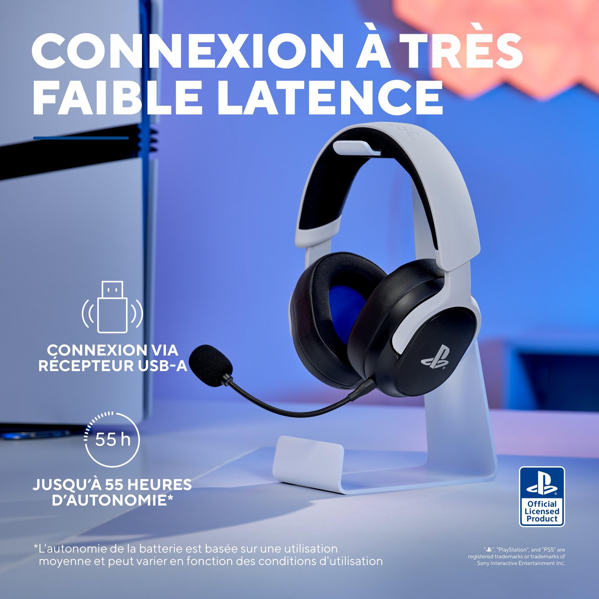 GXTrust Forta Casque sans Fil Licence Officielle PlayStation 5, Noir/Blanc | Faible Latence, 2.4G avec Récepteur USB, Autonomie de 55 Heures, Casque Gamer PS5 avec Microphone