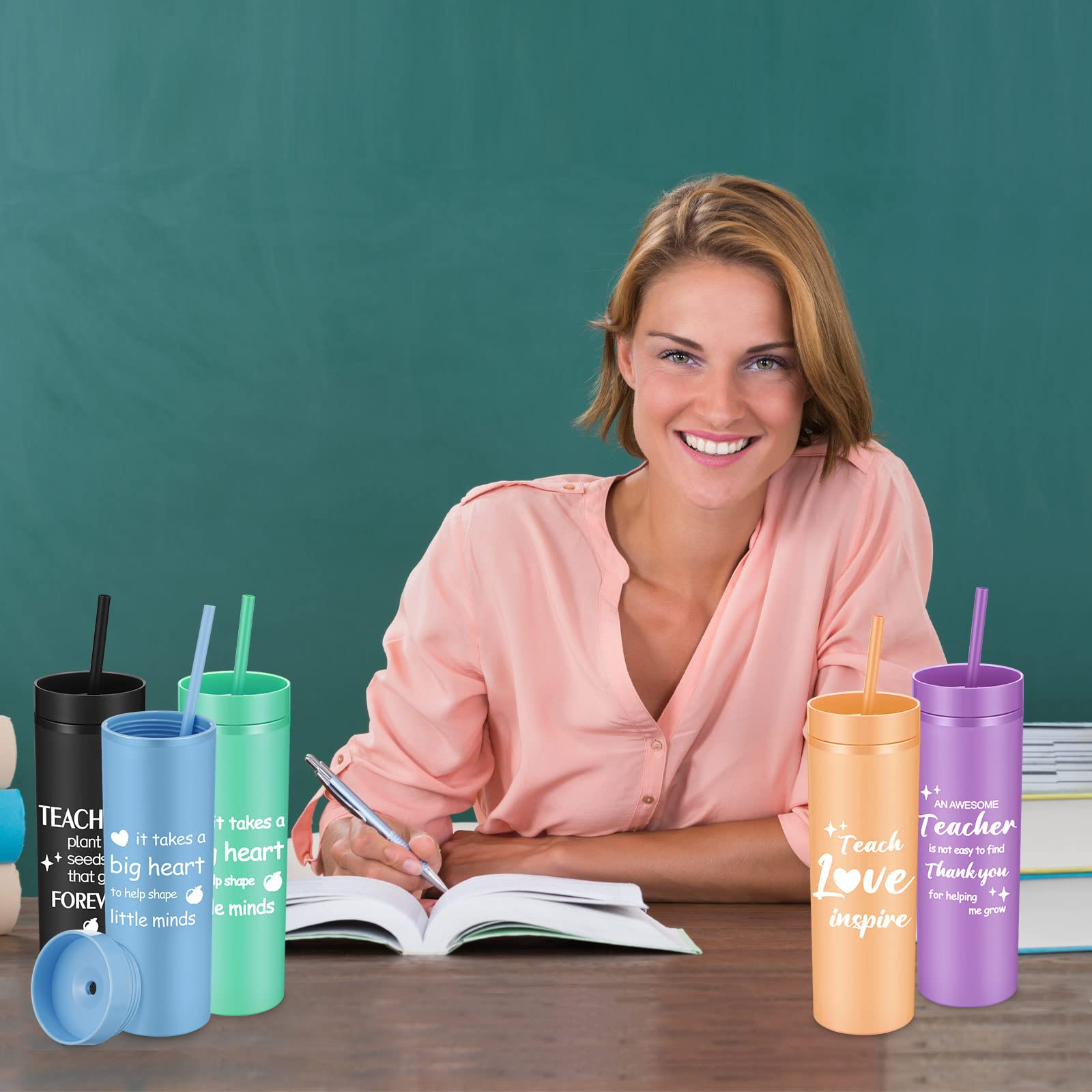 12 Pack Teacher Appreciation Gifts for Teachers Skinny Tumblers 16oz Matte Pastel Colored Acrylic Tumblers with Lids and Straws Thank You Gifts for Grad Teachers Day Birthday (Bright Colors, 12 Pack)
