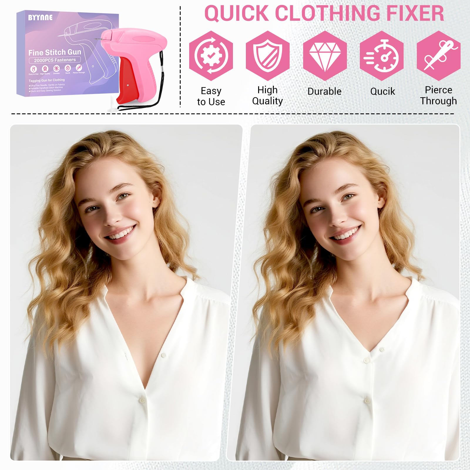 Stichpistole für Kleidung, Handheld, Schnellfixierer, Etikettierpistole für Kleidung, Nähset, enthält 6 feine Nadeln, 1000 weiße und 1000 schwarze Verschlüsse (Rosa Rot)