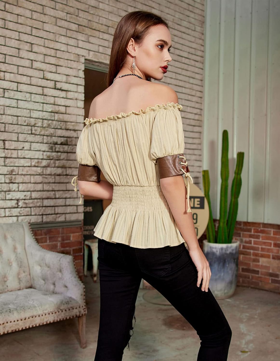 Belle Poque Women Renaissance Off Shoulder Blouse Smocked Waist Pirate Shirt Peplum Tops - Image 5