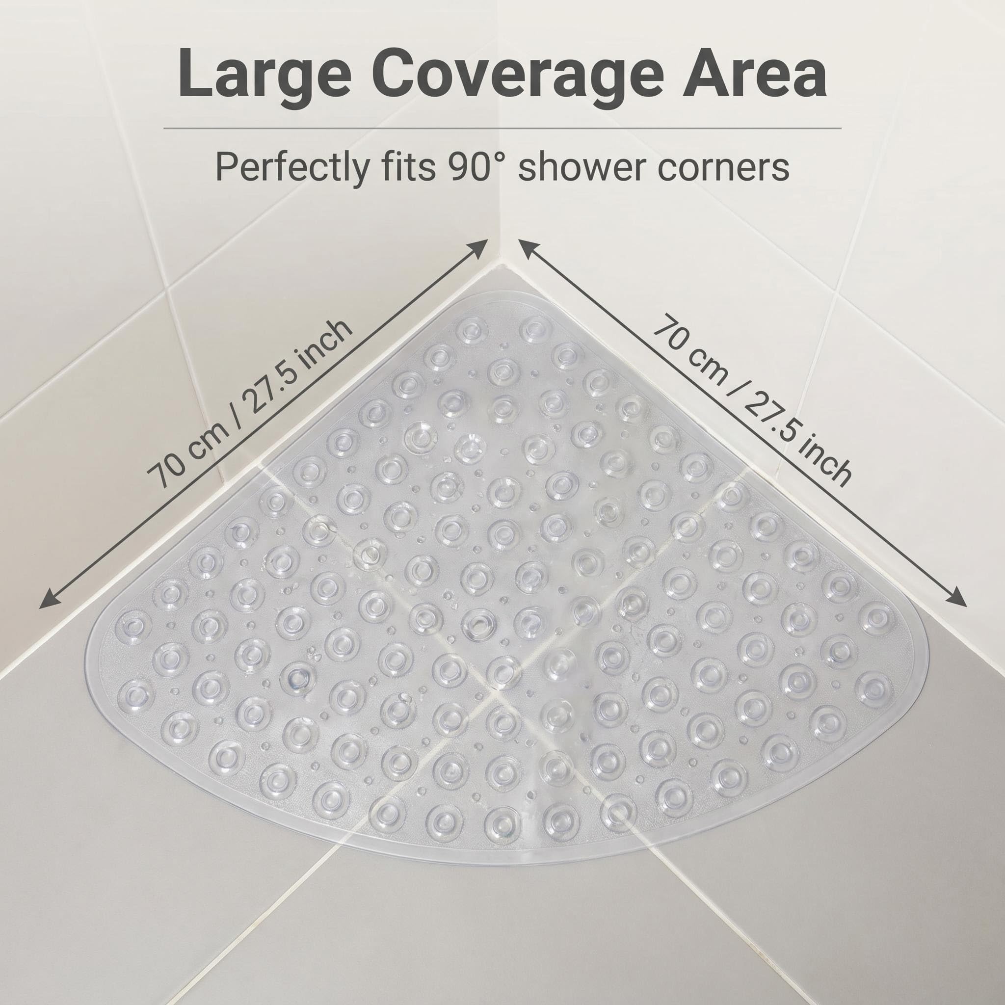 Tapis de douche d'angle antidérapant et anti-moisissure, 70 x 70 cm, en caoutchouc avec ventouses et trous de drainage, tapis de bain incurvé pour pièces humides (transparent)