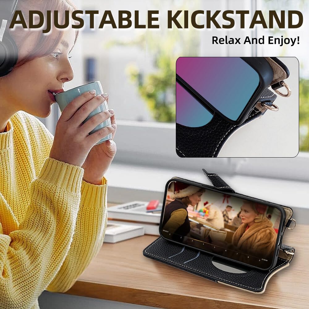 Generic Funda compatible con Samsung Galaxy A25 5G (color: negro), correa de cadena, cremallera, cartera de piel, con tapa trasera, espejo
