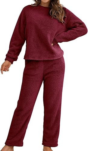 Homgro Women's Long Sleeve Fleece Pajama Set 2 Piece Sherpa Lined Pullover Shirt