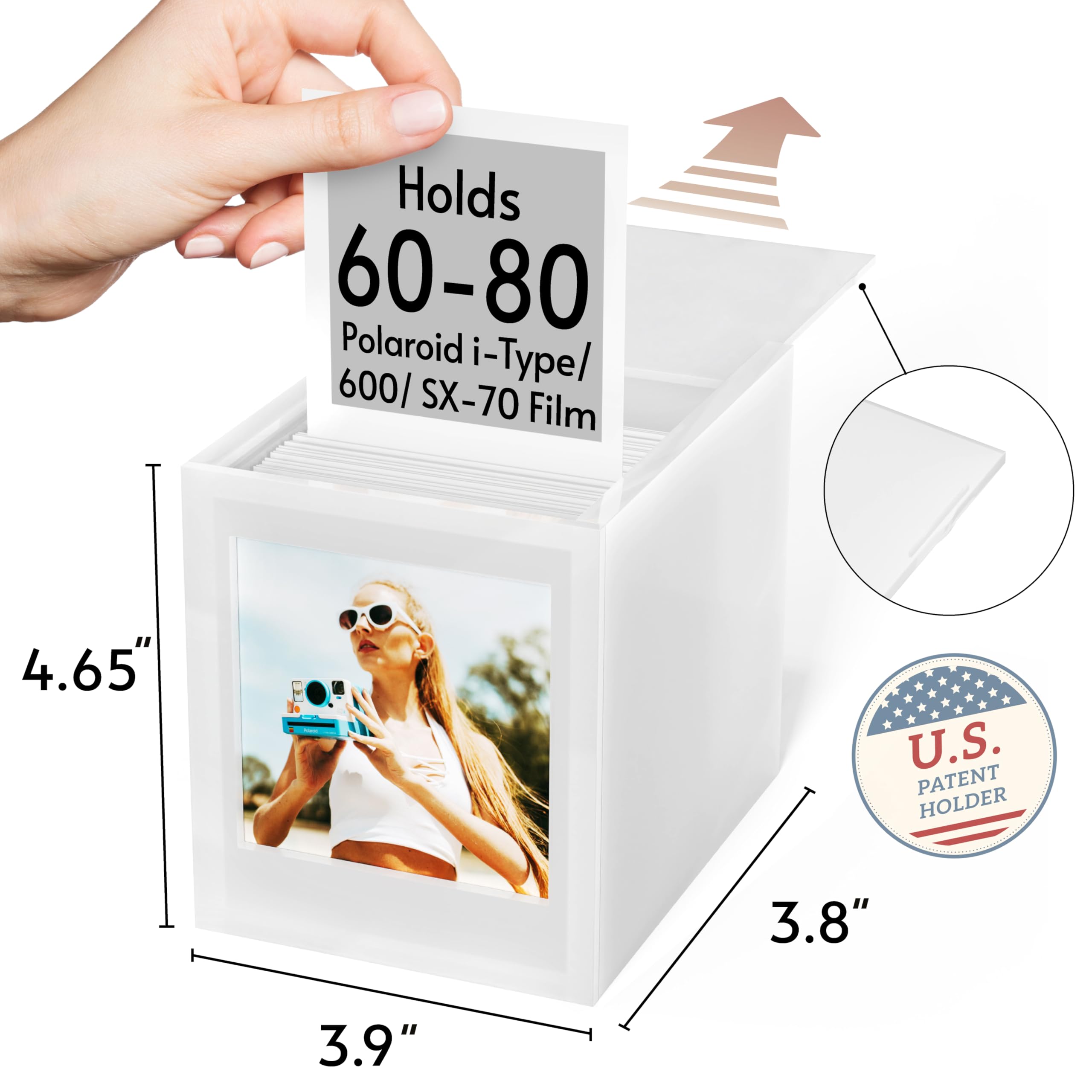 WINKINE Polaroid Boîte de rangement en acrylique pour photos Polaroid i-Type/600/SX-70/Instax Square Film, 10,6 x 8,9 cm avec couvercle coulissant, alternative au livre d'or de mariage, cadre photo