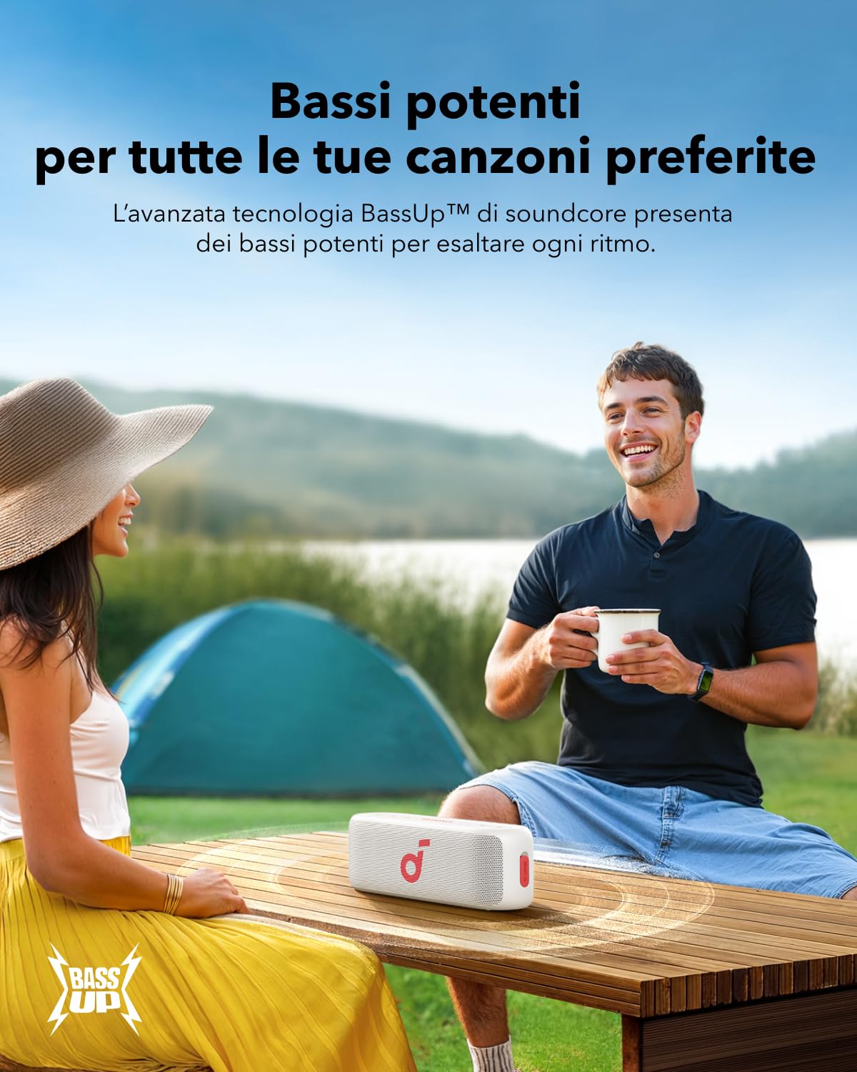Soundcore Select 2S cassa bluetooth portatile con suono stereo da 20W, tecnologia BassUp™,16 ore, connessione stereo senza fili e impermeabilità IPX7 per escursioni e avventure all'aria aperta