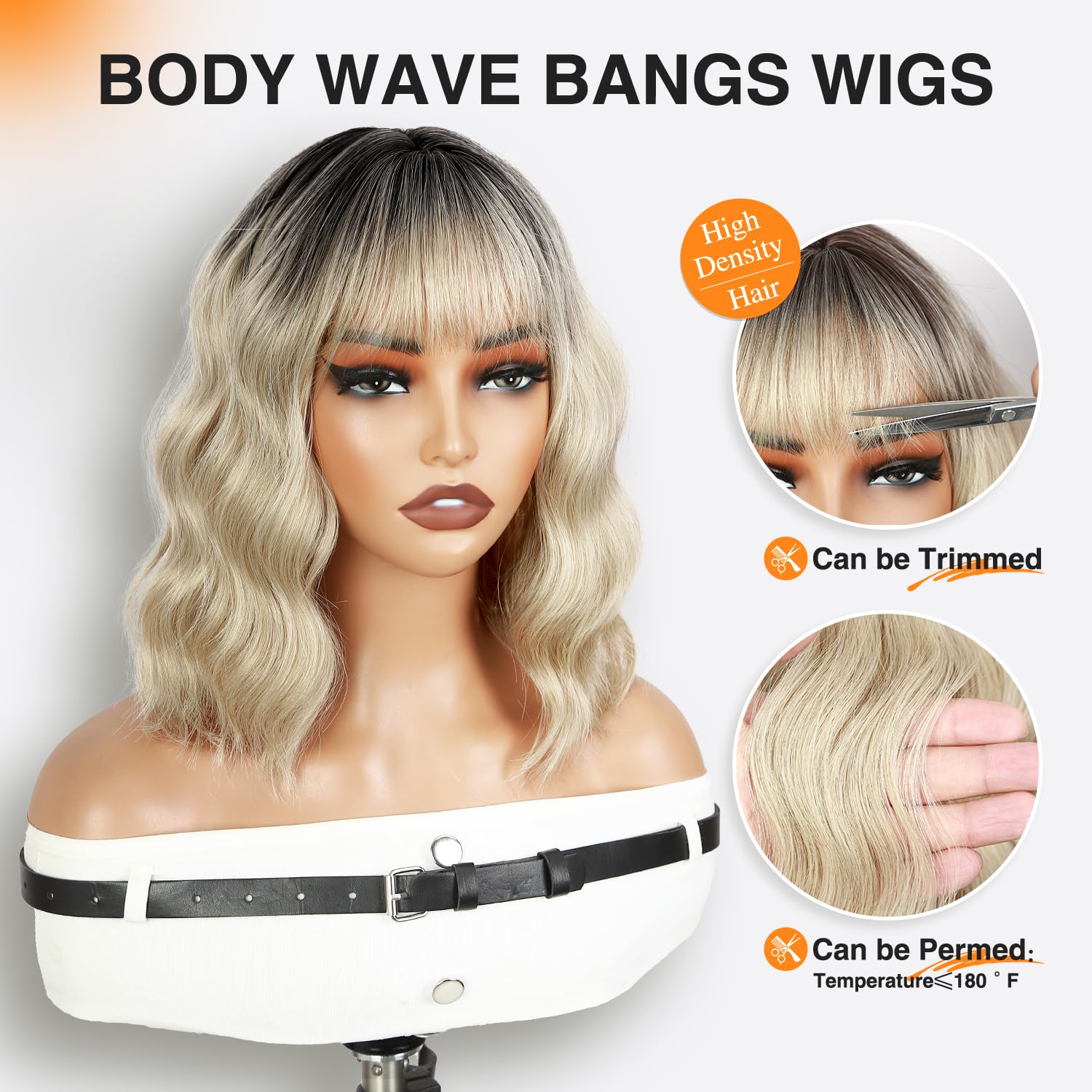 WIGNEE Parrucca Bob Corta Ondulata Con Frangia, Ricci Naturali Femminili | Biondo Ombré Con Mechature, Capelli Sintetici Resistenti Al Calore Senza Colla, 12 Pollici