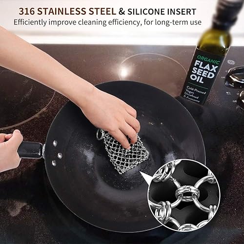 Miniatura 2 de Herda Limpiador de sartenes de hierro fundido juego de fregaderos de malla mejorado inserto de silicona con paño de fibra de bambú raspador de metal