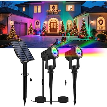 NATPOW Solar Spotlight for Outdoor Garden RGB Garden Spotlight Solar IP65 Waterproof Colour Changing Garden Lighting Garden Lamp Dusk to Dawn Solar Garden Light for Trees Patio 2 in 1 [Energy Class A]