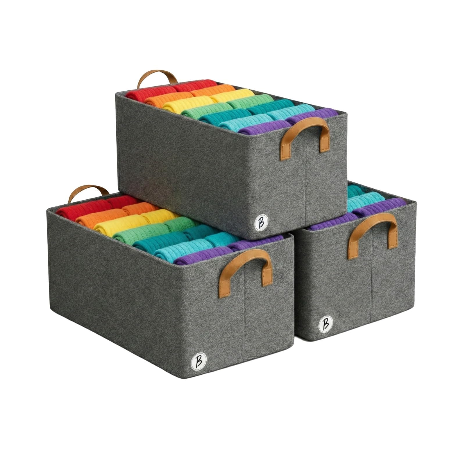 BTfash Pack of 3 Storage Baskets (46L x 27W x 19H CM) Non-Woven Foldable Wardrobe Organizer with Metal Frame Rectangle,