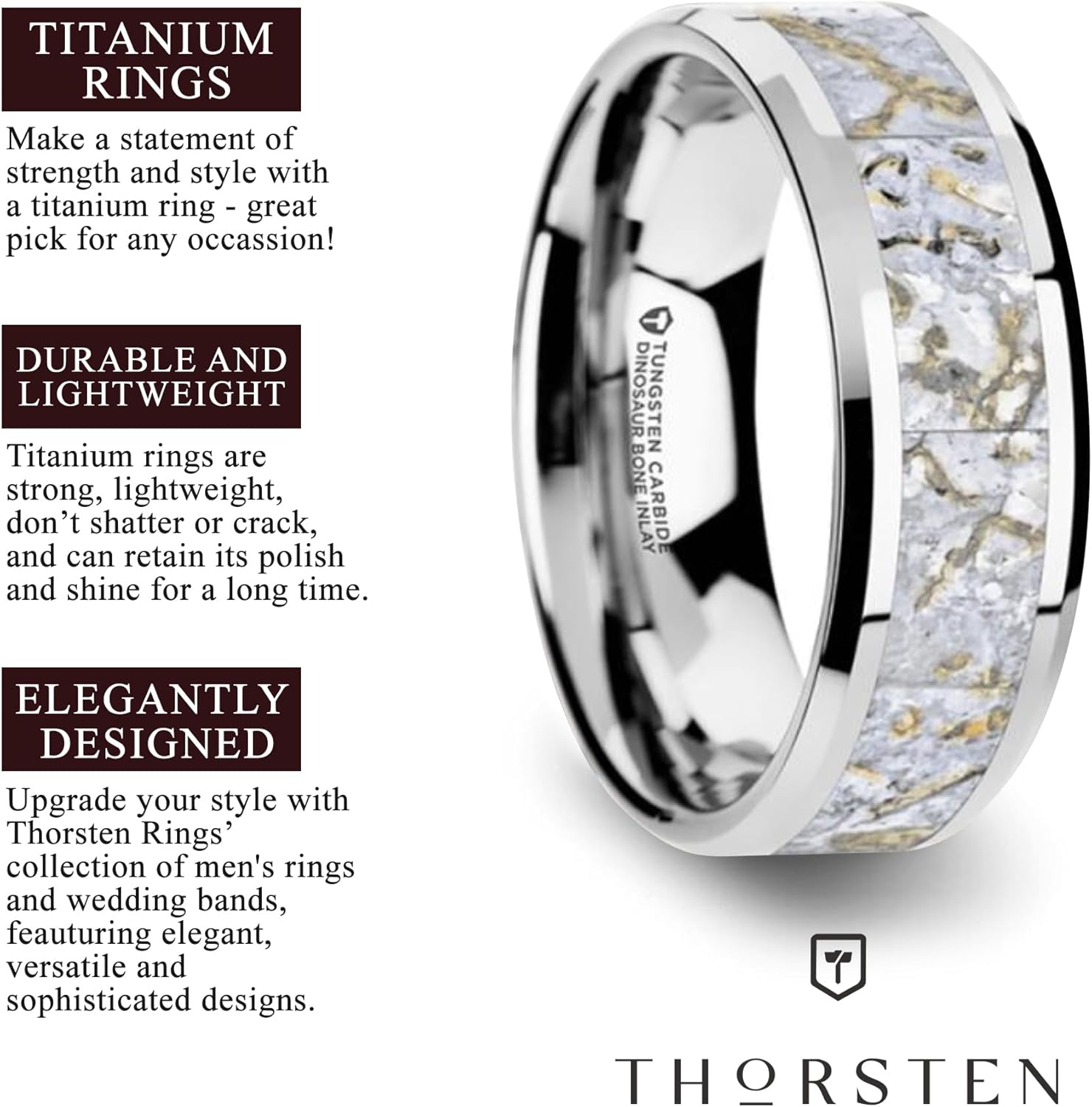 MESOZOIC Men’s Tungsten Flat Beveled Wedding Ring with White Dinosaur Bone Inlay - 4mm or 8mm