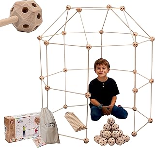 MIND KIDZ Wooden Fort Building Kit for Kids - STEM Montessori construction toy - 52 rods & 30 spheres, Eco-friendly play set for boys & girls