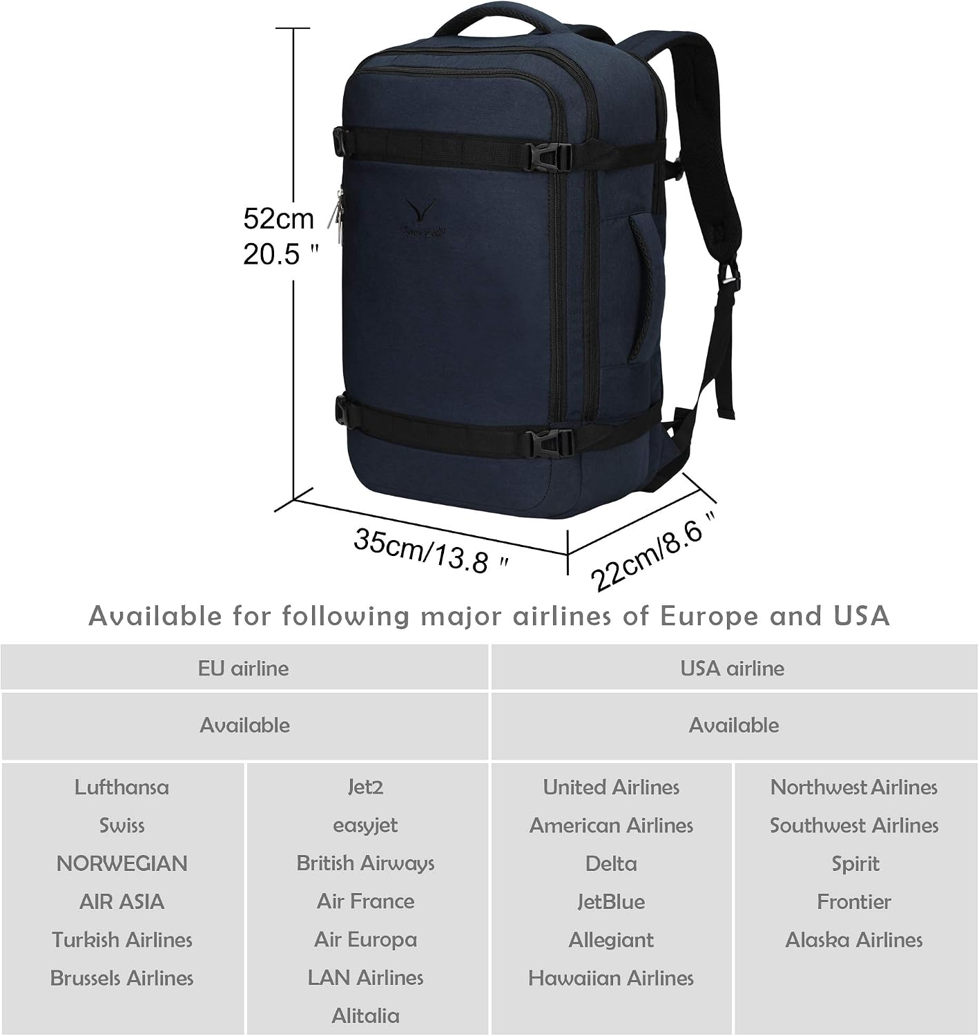 Hynes Eagle 40L Travel Backpack Airline Approved Carry on Backpack Weekender Bag for Women Men, Dark Blue