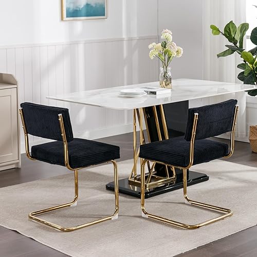 Miniatura 8 de Rhomtree Sillas de comedor modernas con base de metal dorado, sillas de cocina sin brazos de tela de pana con acolchado de canal, sillas laterales