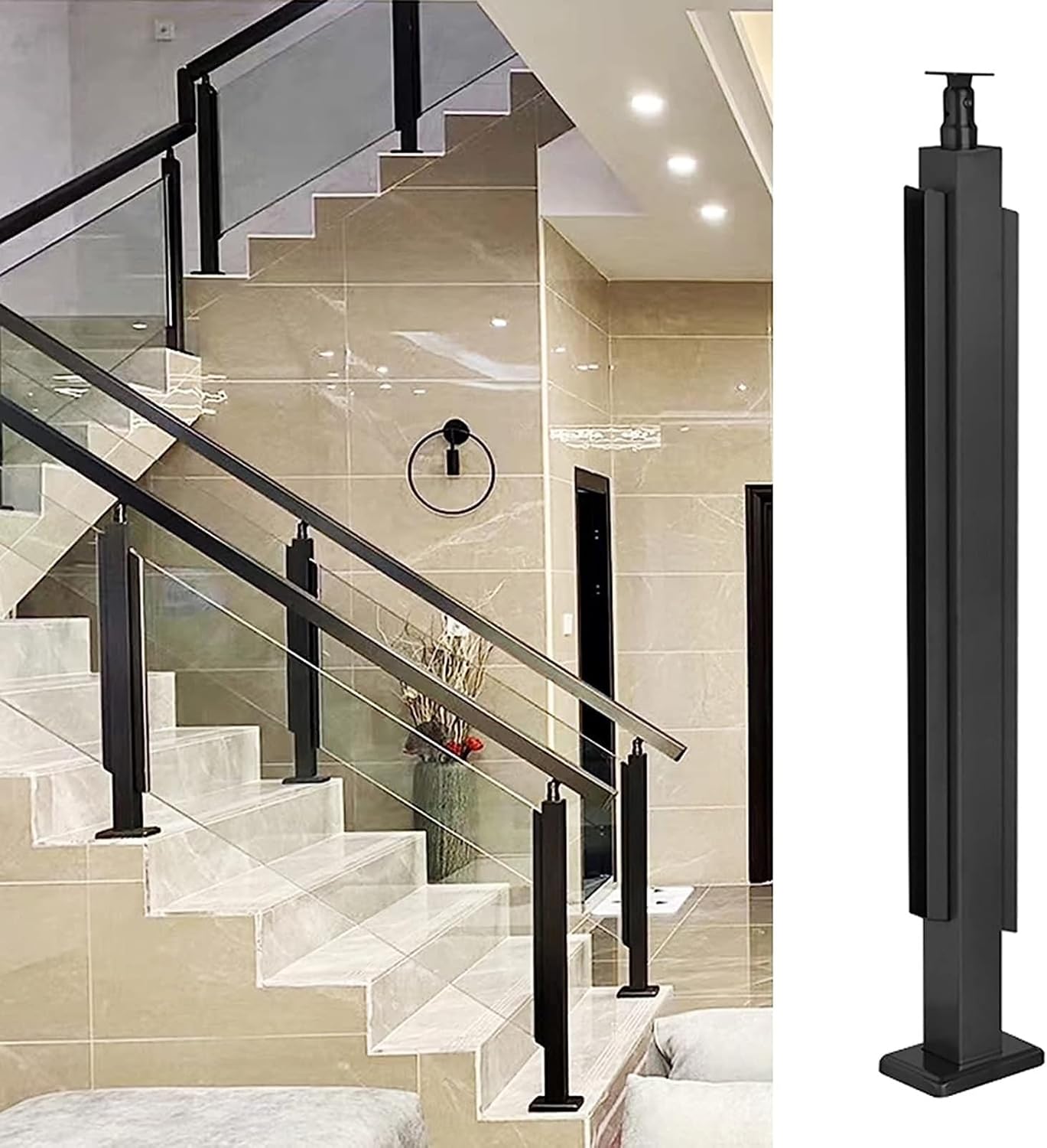 Indoor Stairs Railing Post with Slanted Spigot Slots, Glass Panel Trim
