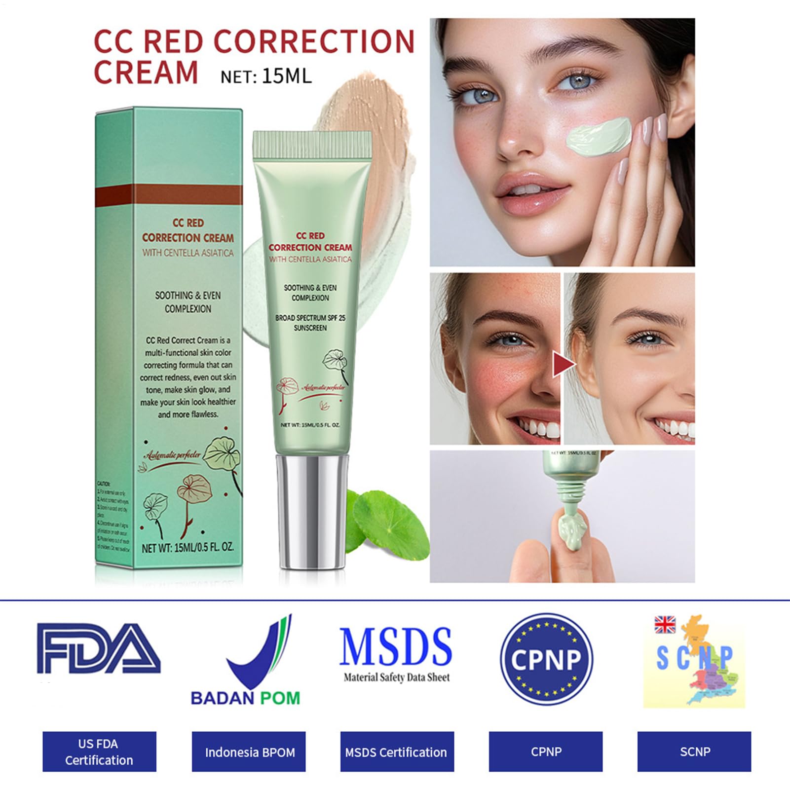 CC Cream Red Correct – koreański krem przeciw zaczerwienieniom z Asiatica i SPF 25 | Kojący korektor Full Cover dla równomiernej cery | do skóry wrażliwej i pielęgnacji trądziku różowatego | 15 ml