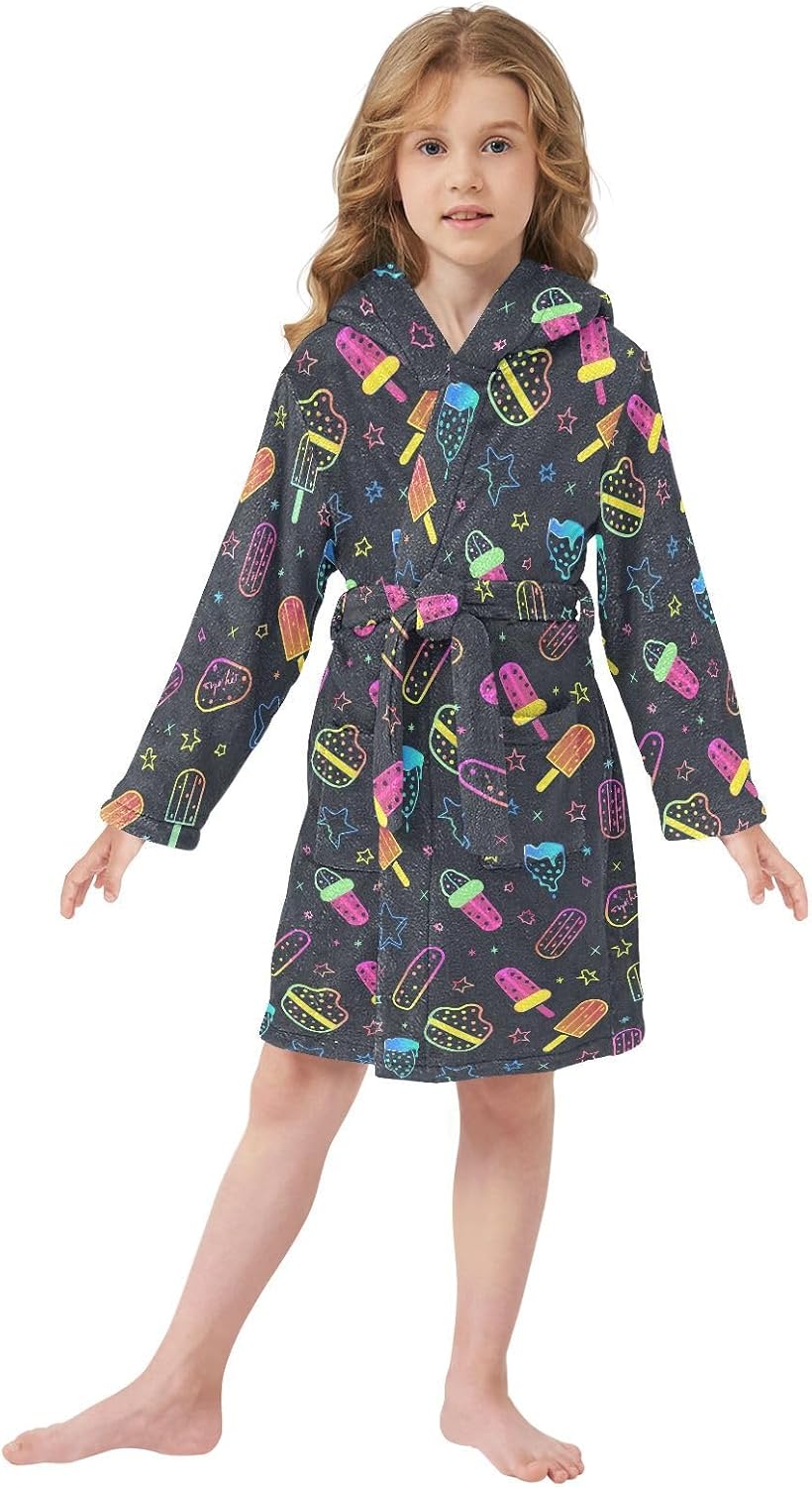 senya Ice Cream and Stars Toddler Hooded Bathrobe Kids Soft Plush Bath Towel Robes for Boys Girls 2-12 Years