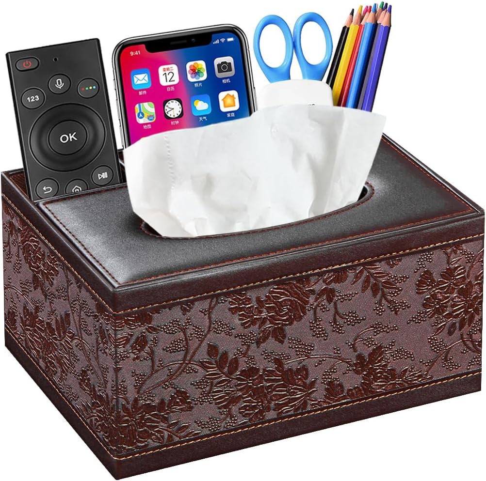 Tissue Box Cover Rectangular, Compatible with Kleenex Box Covers, Multifunctional Tissue Box Holder with Remote Control Holder, Decorative Nighstand Organizer, Tissue Dispenser for Bathroom